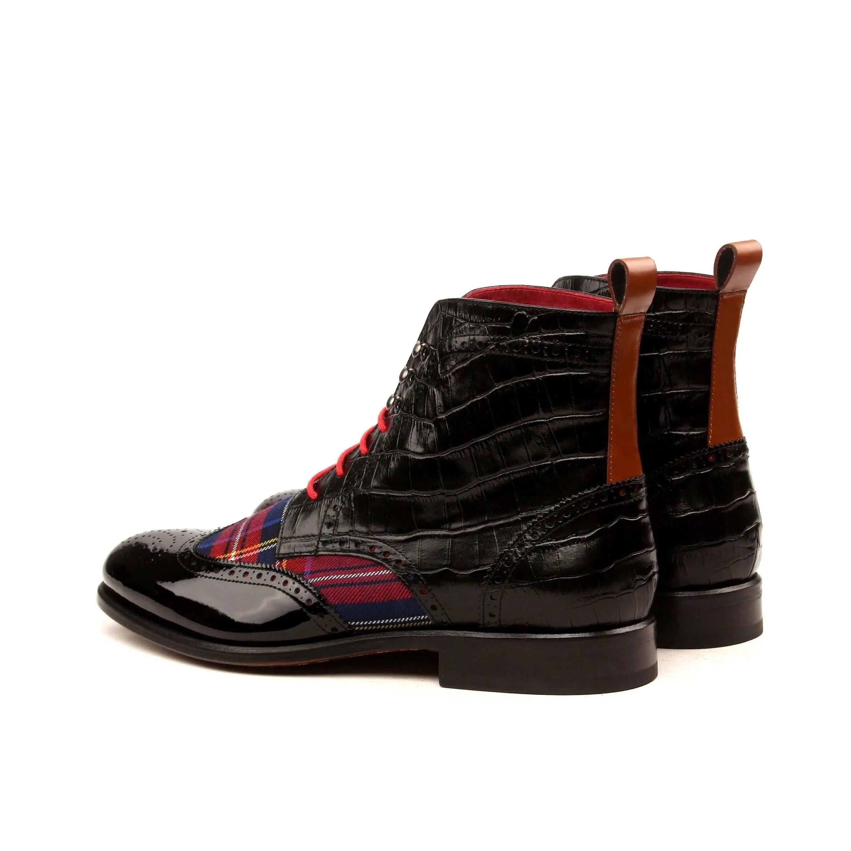 Black leather and plaid Catu Military Brogue Boots II showcasing stylish military brogue boots