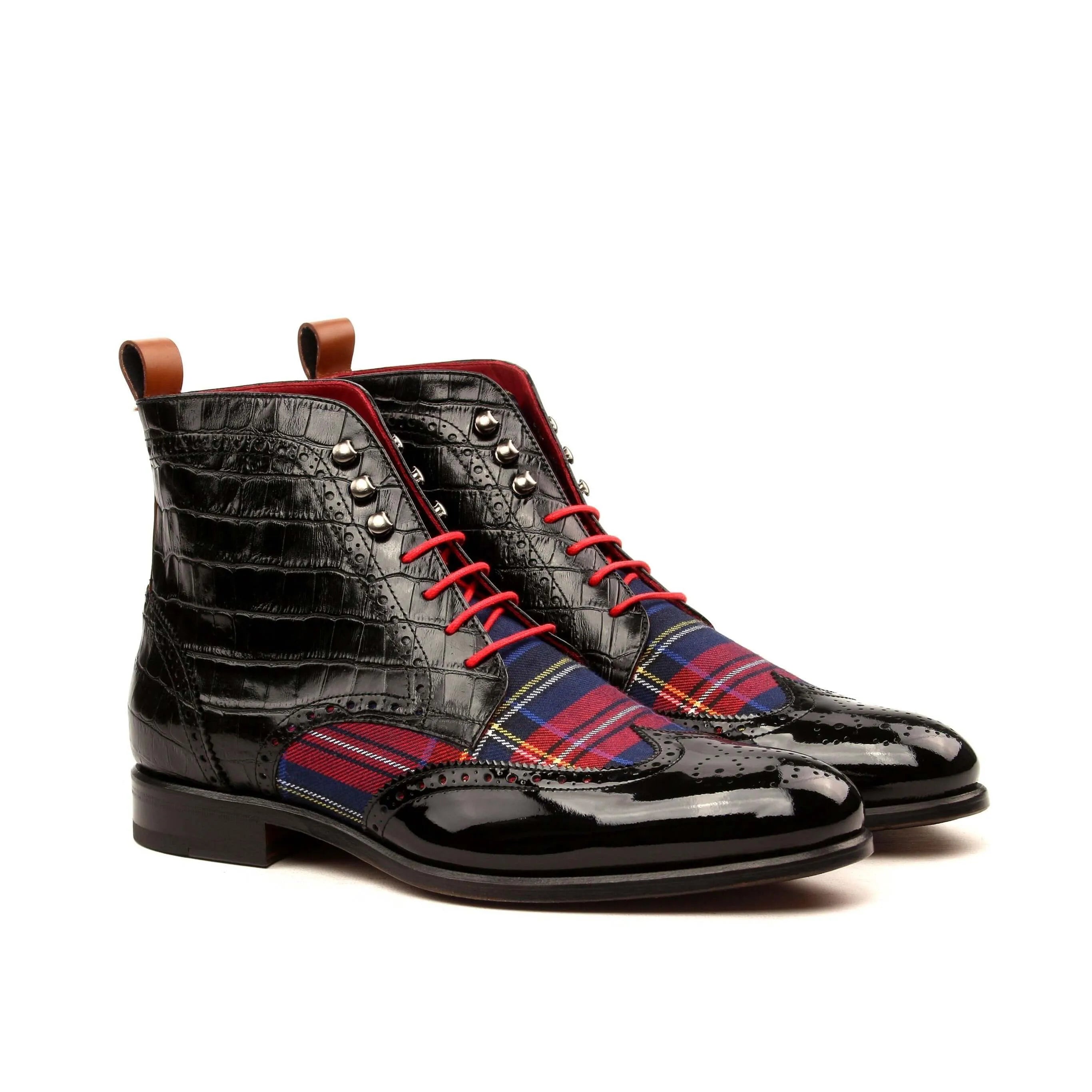 Black leather and plaid lace-up Catu Military Brogue Boots for stylish footwear