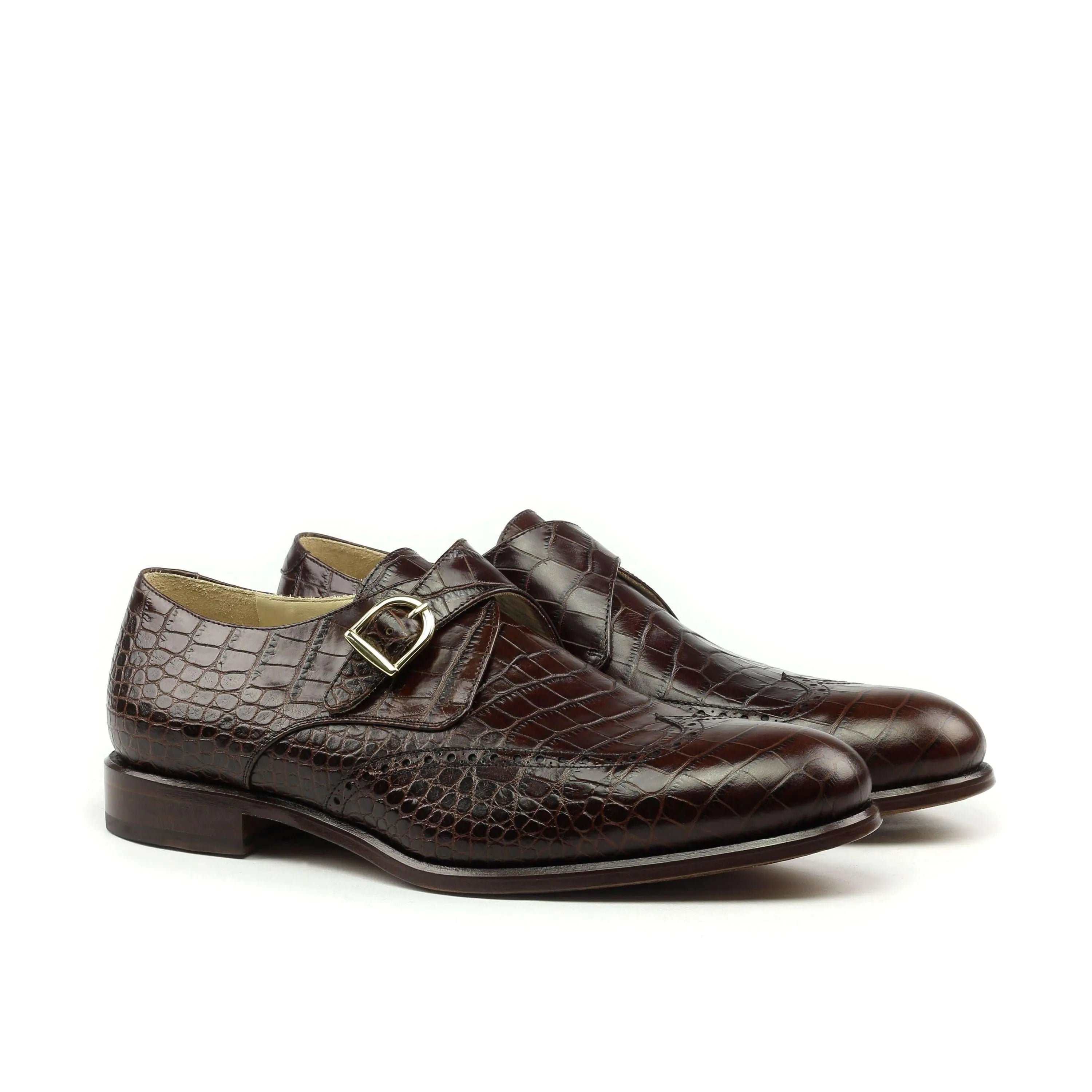 Brown crocodile-patterned Ceaser Single Monk II shoes featuring a stylish single monk design