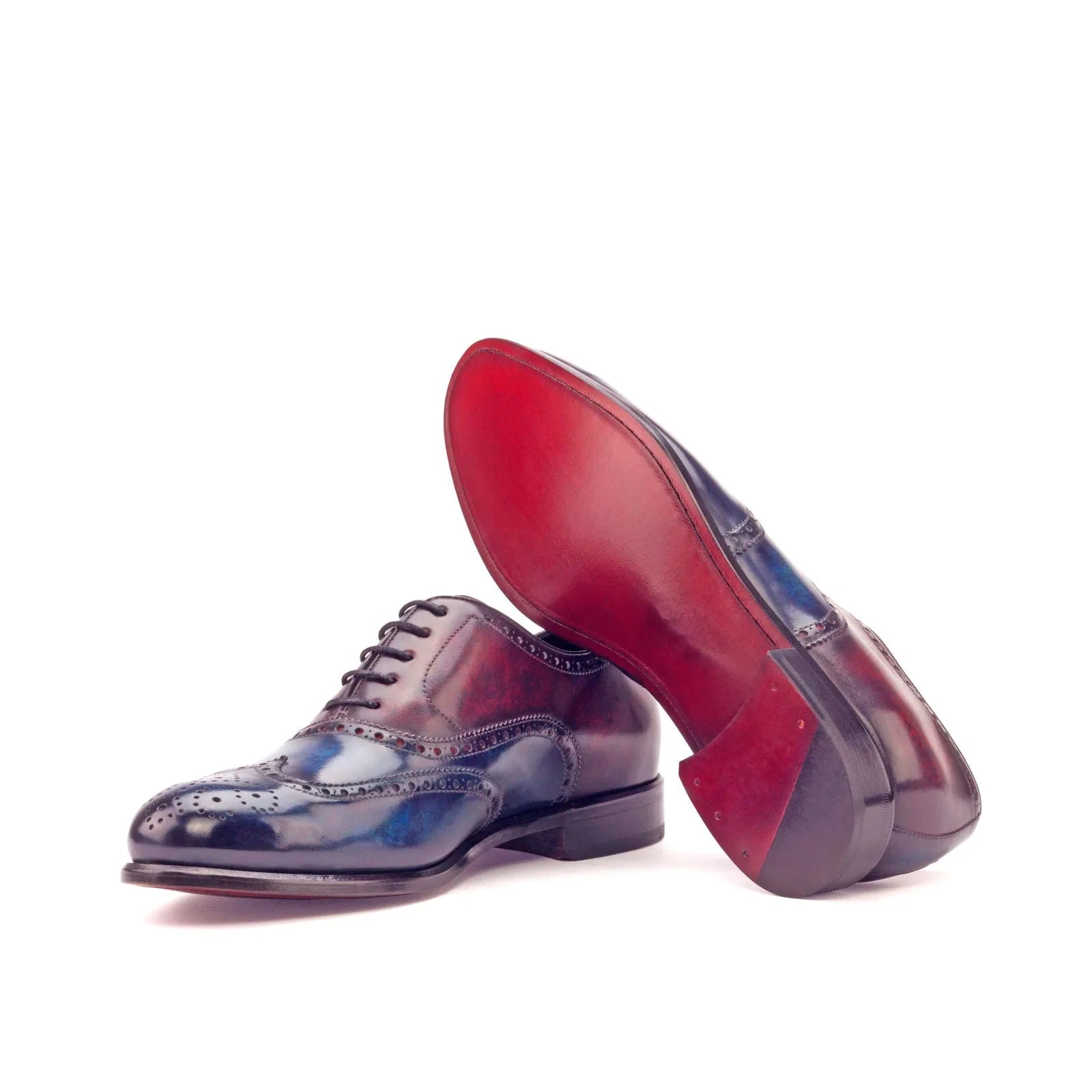 Blue and burgundy Celestial Patina Longwing Blucher leather dress shoes with red soles