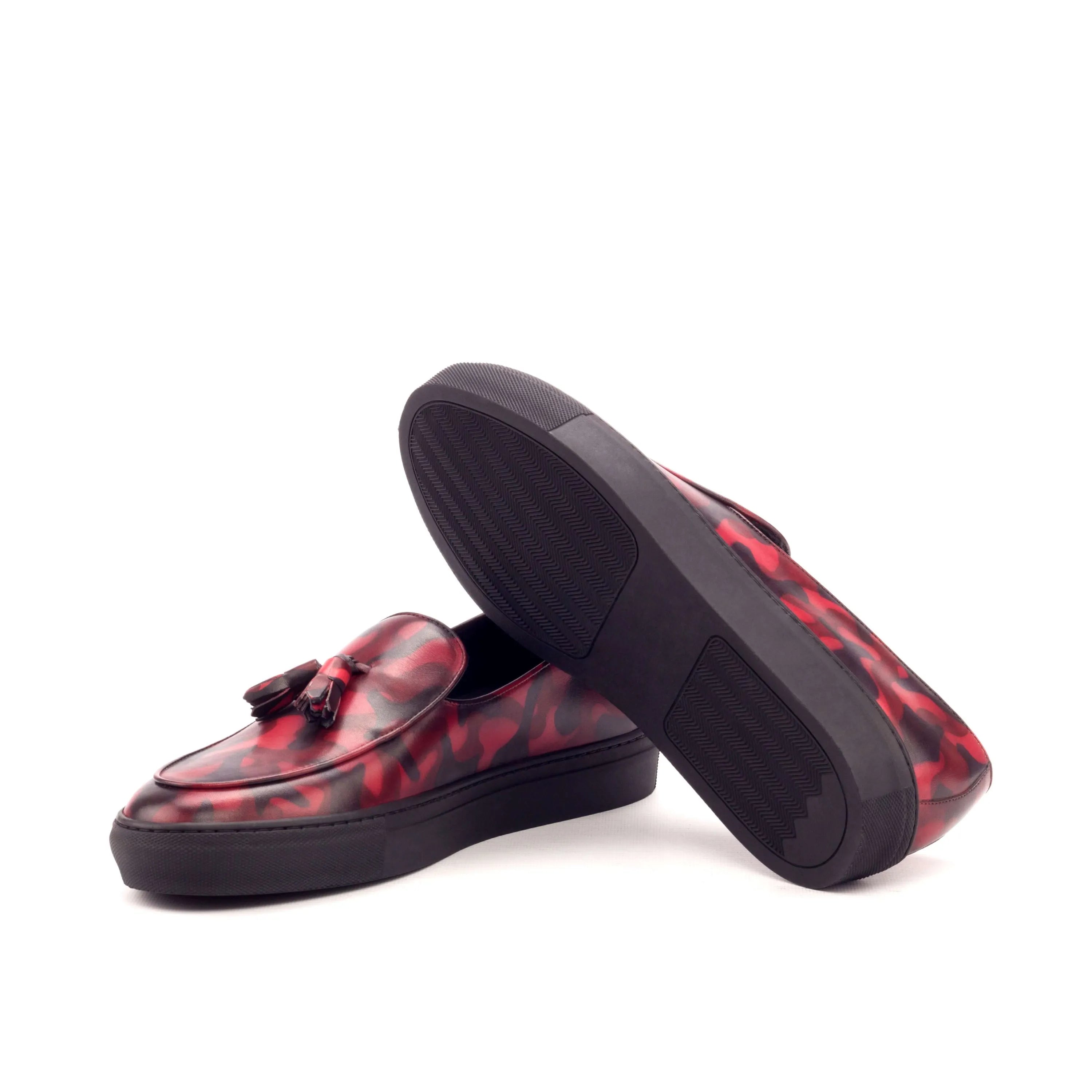 Red and black patterned tassel loafers in Chappo Patina Belgian sneaker style