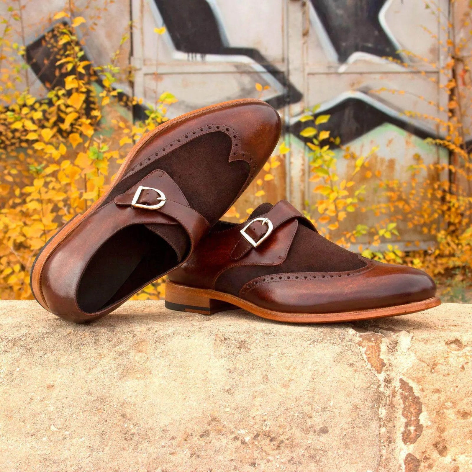 Brown leather and suede Chaz Single Monk Patina Shoes, featuring elegant monk strap design