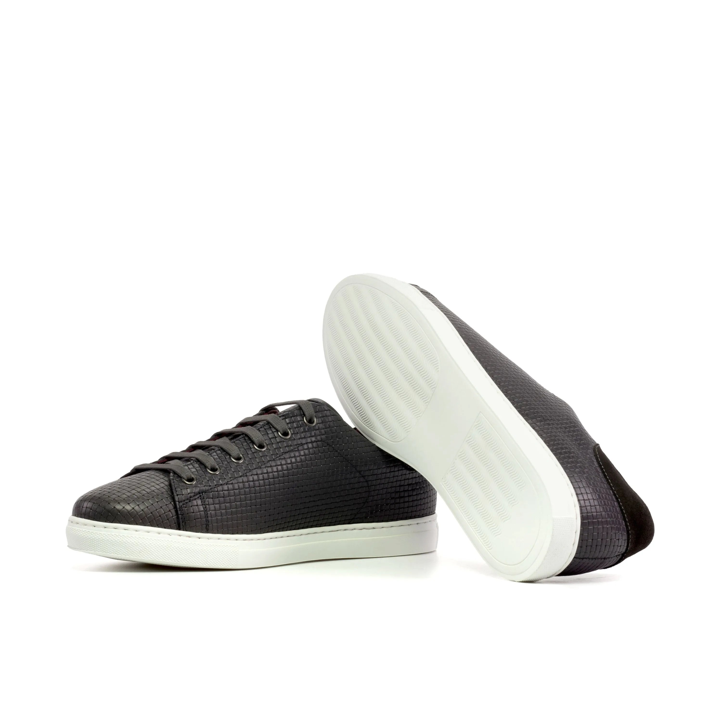 Dark gray leather Chehade Trainer Sneakers with white cupsole design for modern style