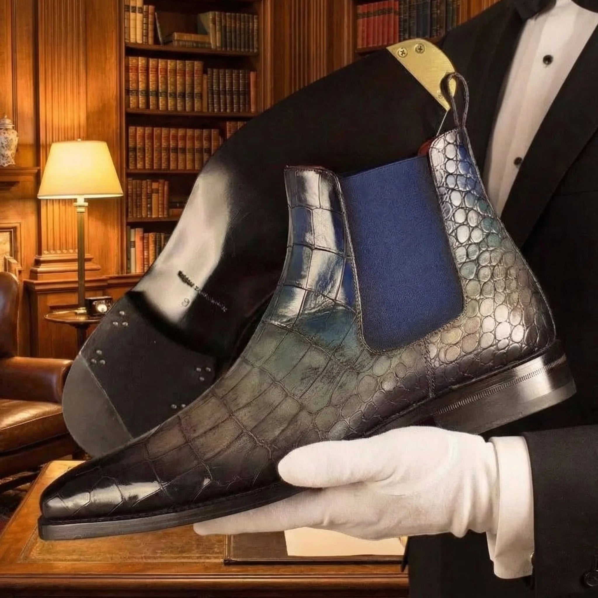 Black crocodile-embossed leather Cina Patina Chelsea boot with contrasting blue elastic side panel for stylish wear