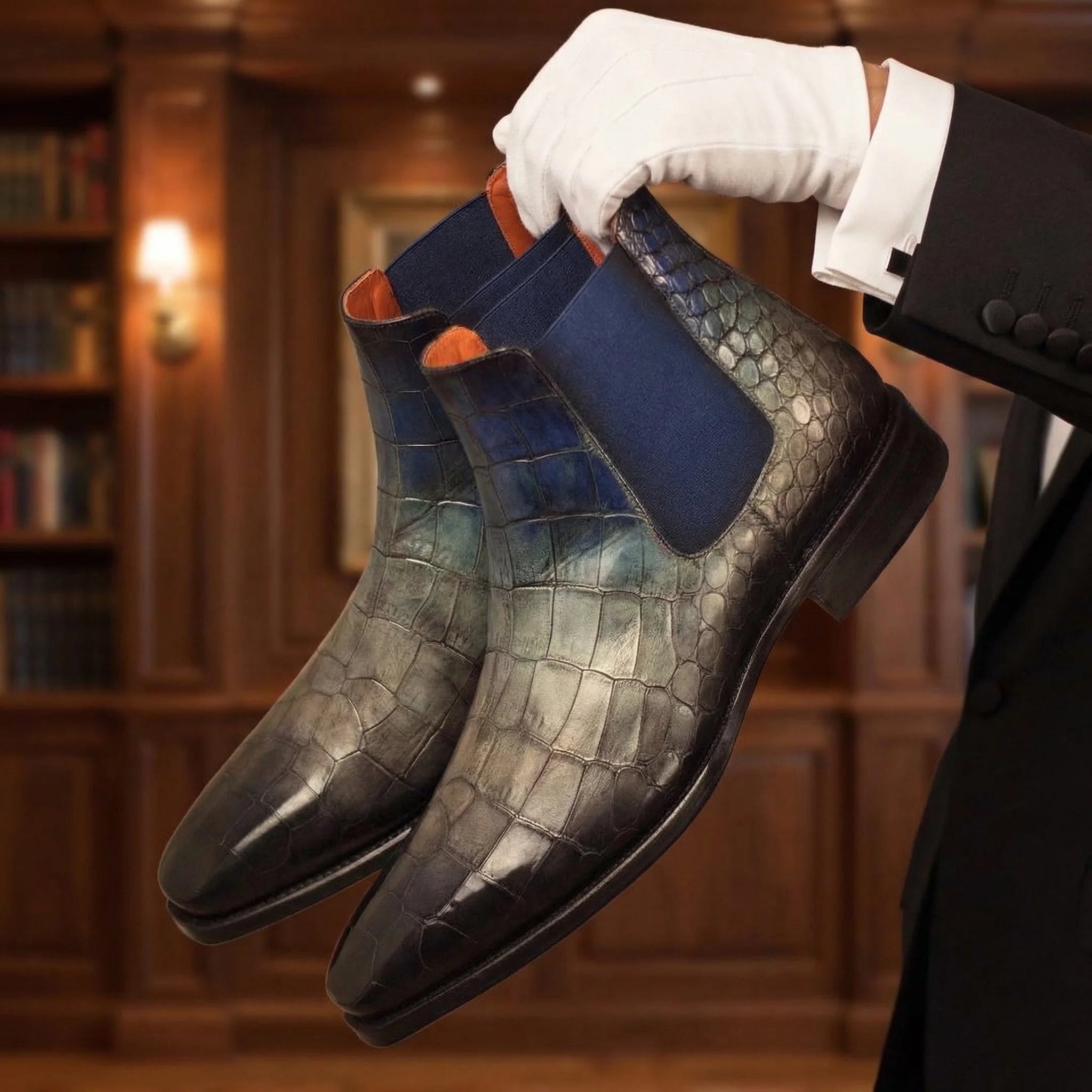 A pair of cina patina chelsea dark gray and navy blue crocodile-embossed boots with orange lining for formal wear