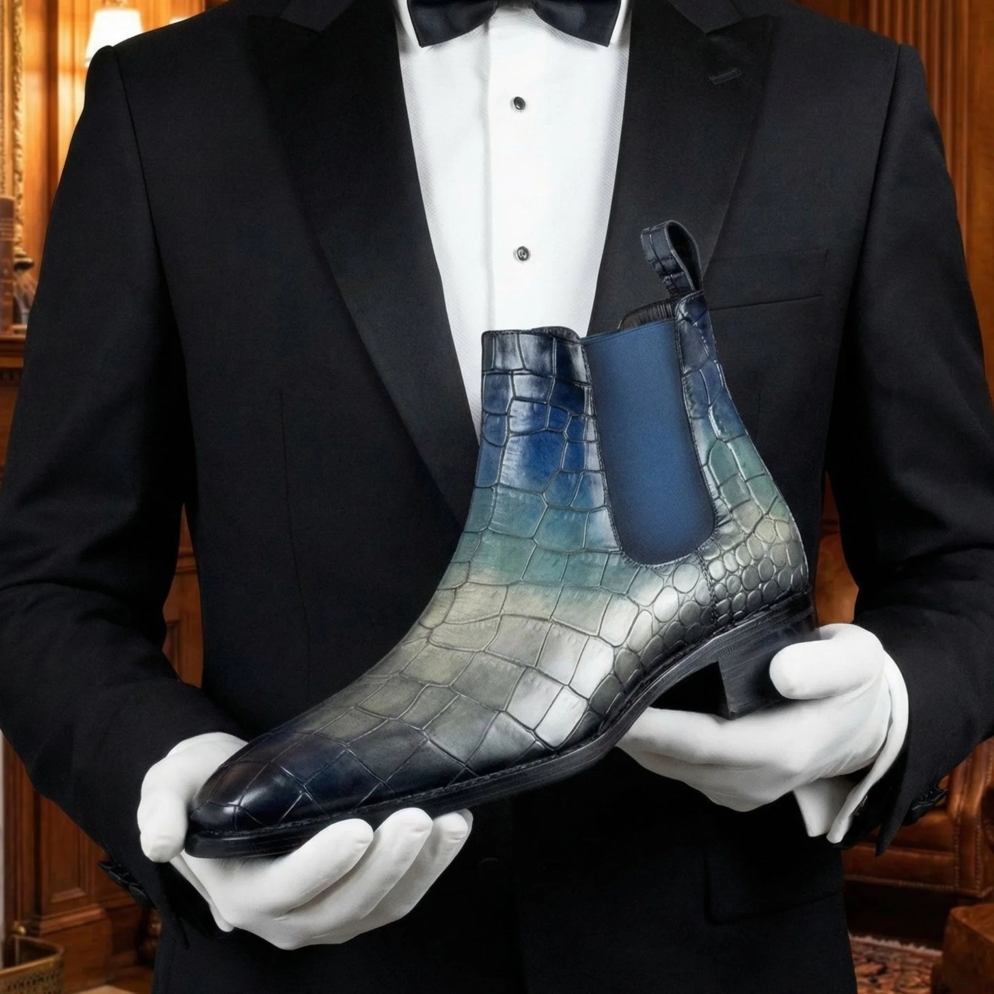 A Cina Patina Chelsea boot in navy to silver gradient crocodile-embossed leather with polished finish and sleek design