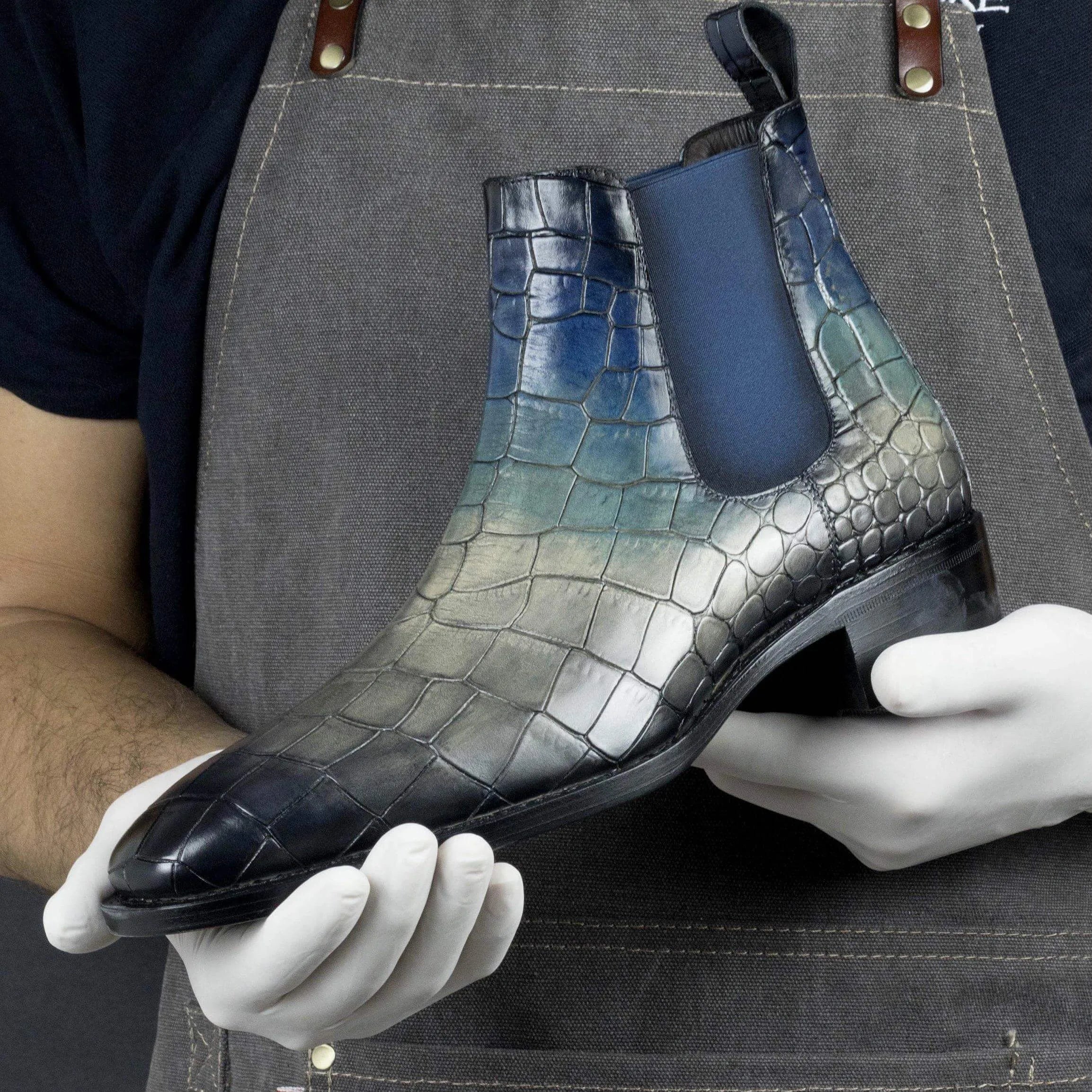 Blue and gray crocodile-patterned Cina Patina Chelsea Boots for stylish elegance