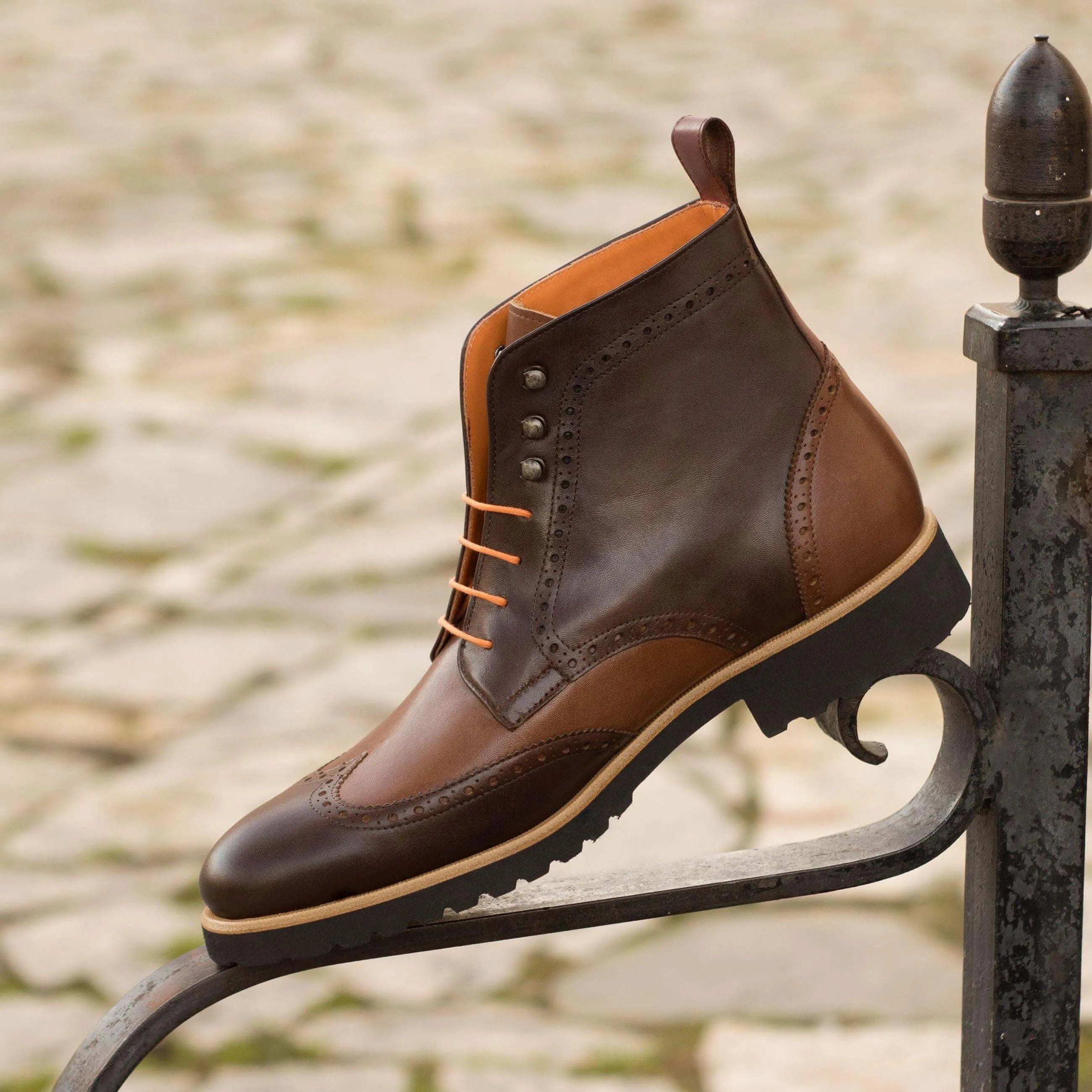Two-tone leather wingtip boot from CL89 Military Brogue Boots II in brown painted calf