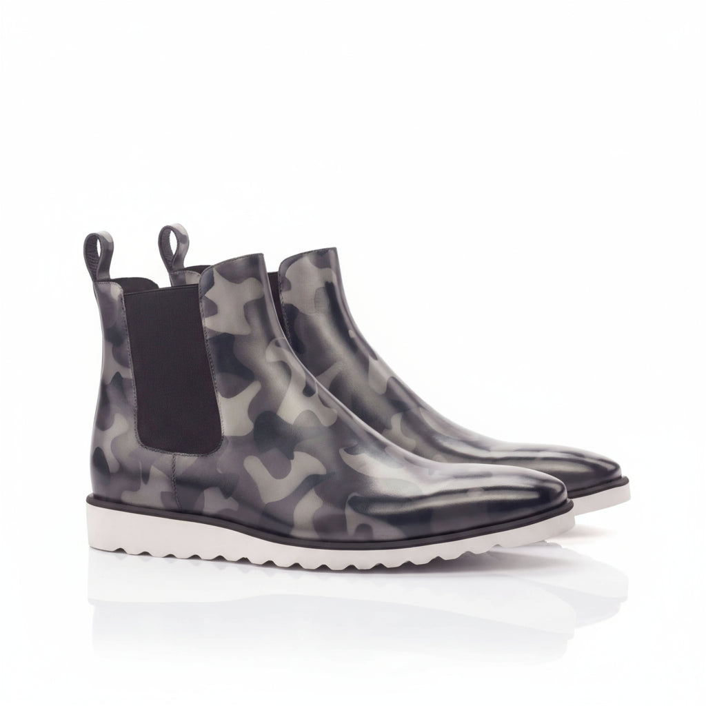 Camo Chelsea Boots with White Soles from the Commando 2 Chelsea Patina Boots collection