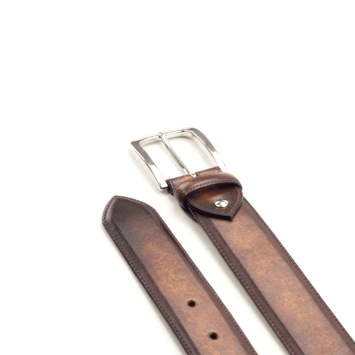Brown leather Corallo Hampton Patina Belt II featuring a silver buckle