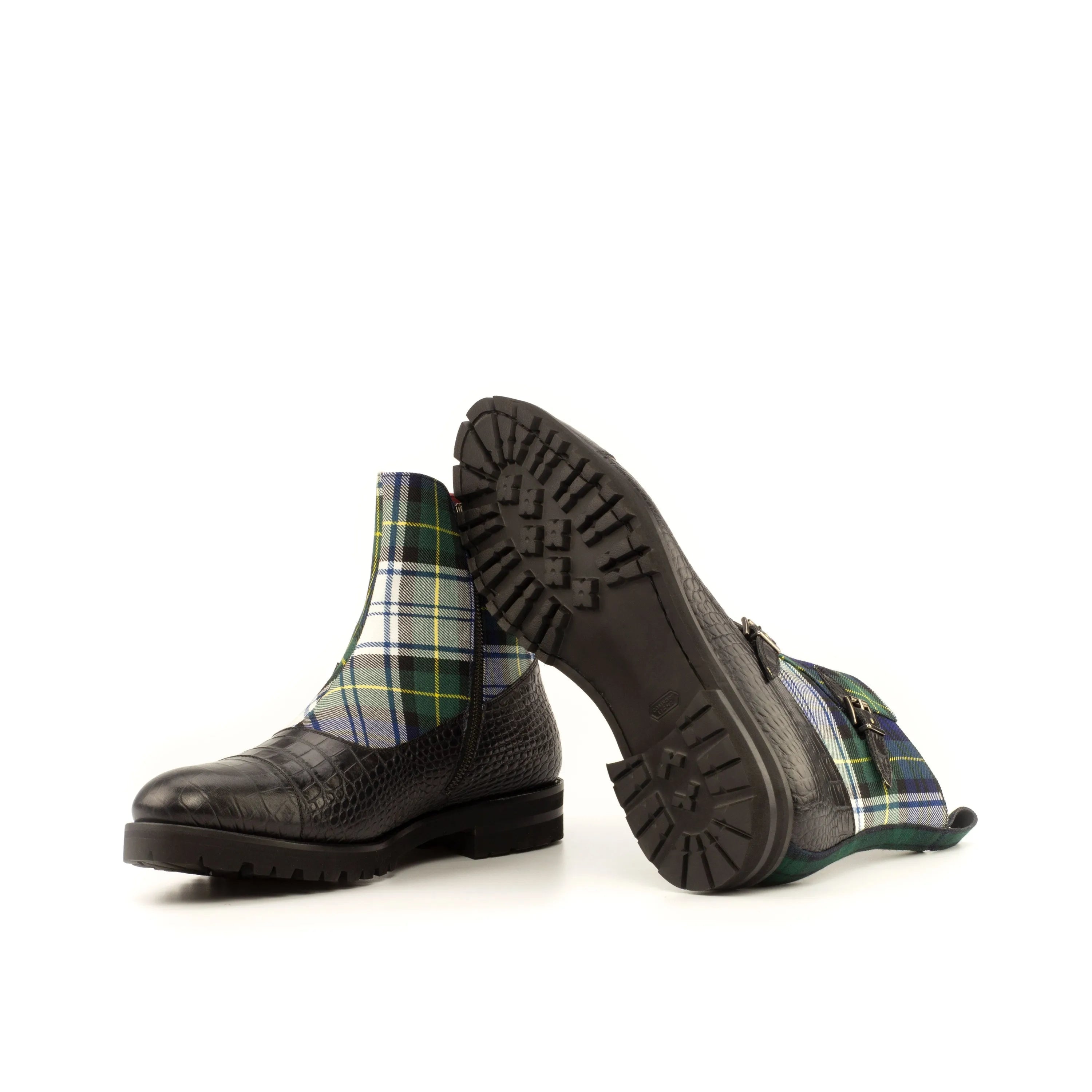 Tartan-accented leather ankle boots, perfect for any outfit: Dakehl Octavian Boots