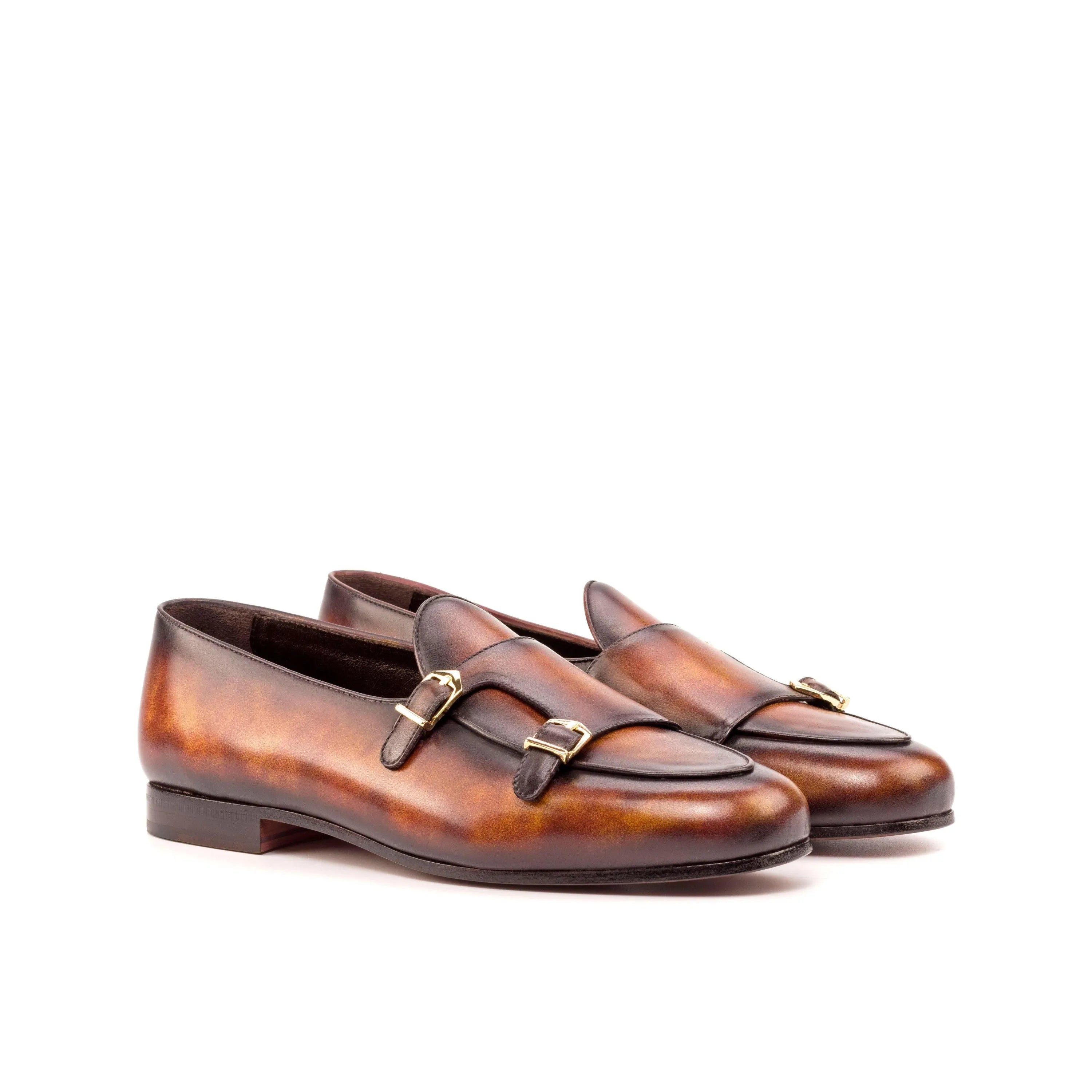 Brown leather Dan Belgian Patina Monk Slipper II with double monk strap design