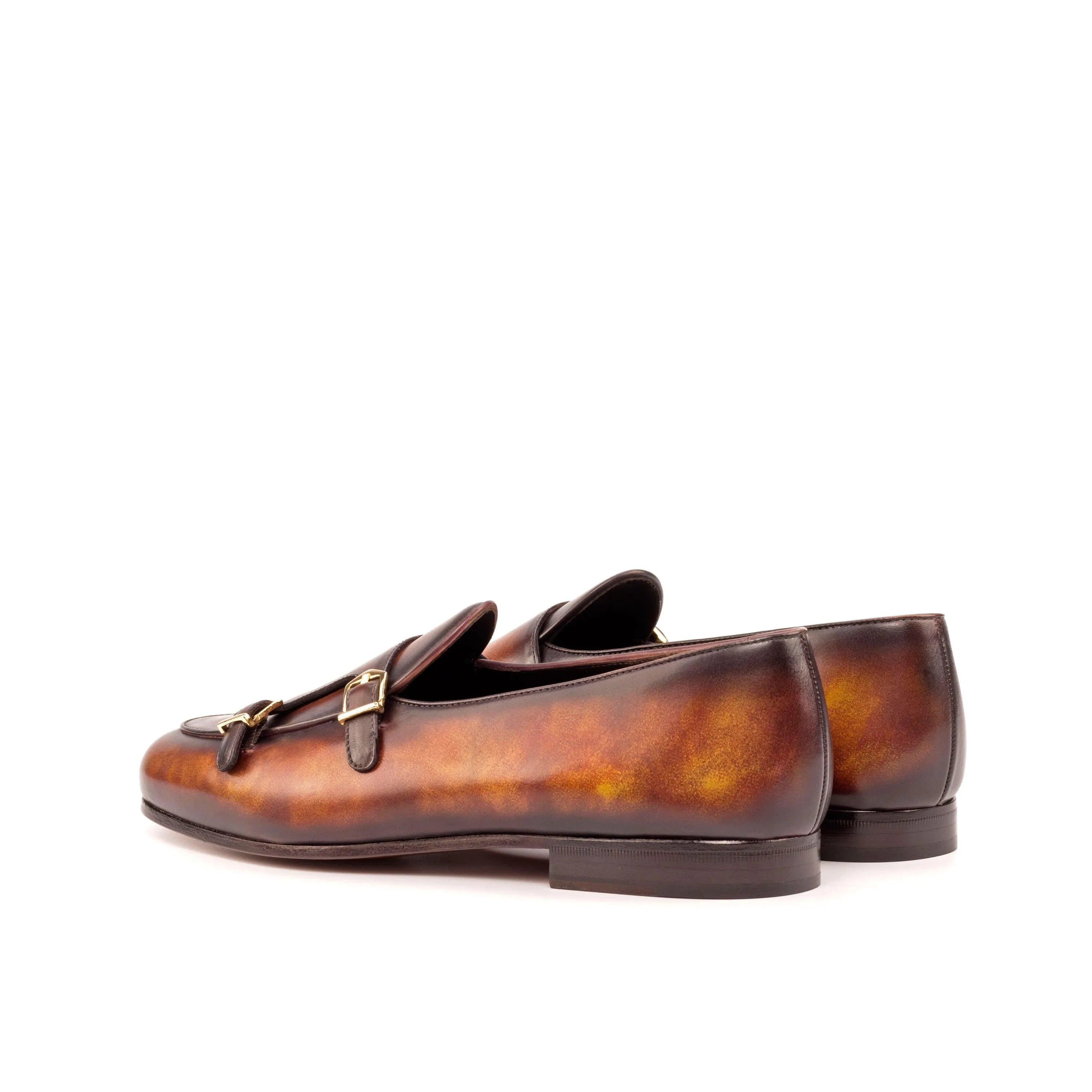 Brown leather Dan Belgian Patina Monk Slipper II featuring classic monk strap design