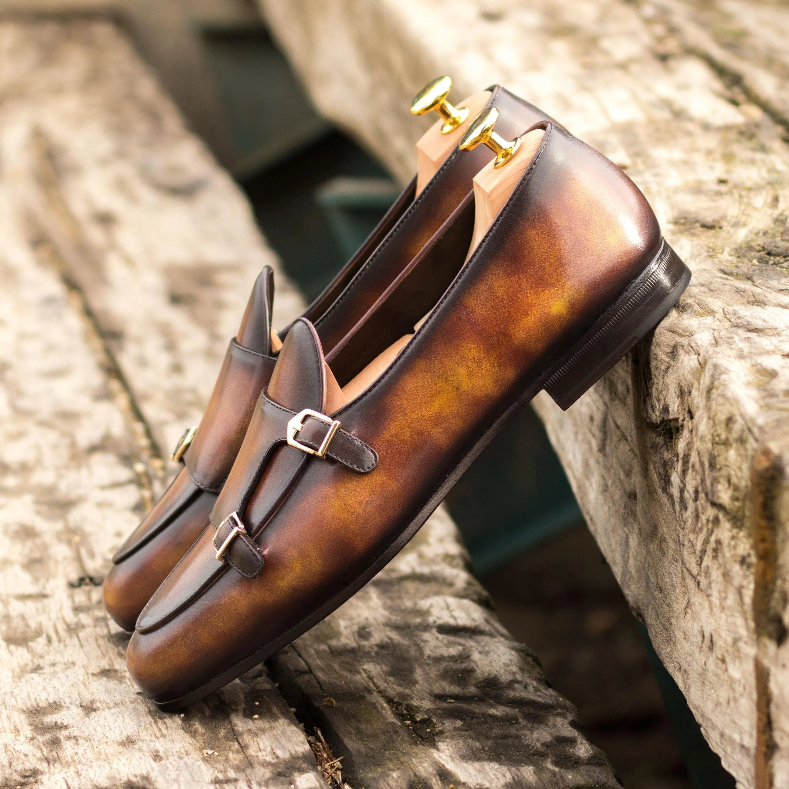 Brown leather double monk strap loafers from the Dan Belgian Patina collection