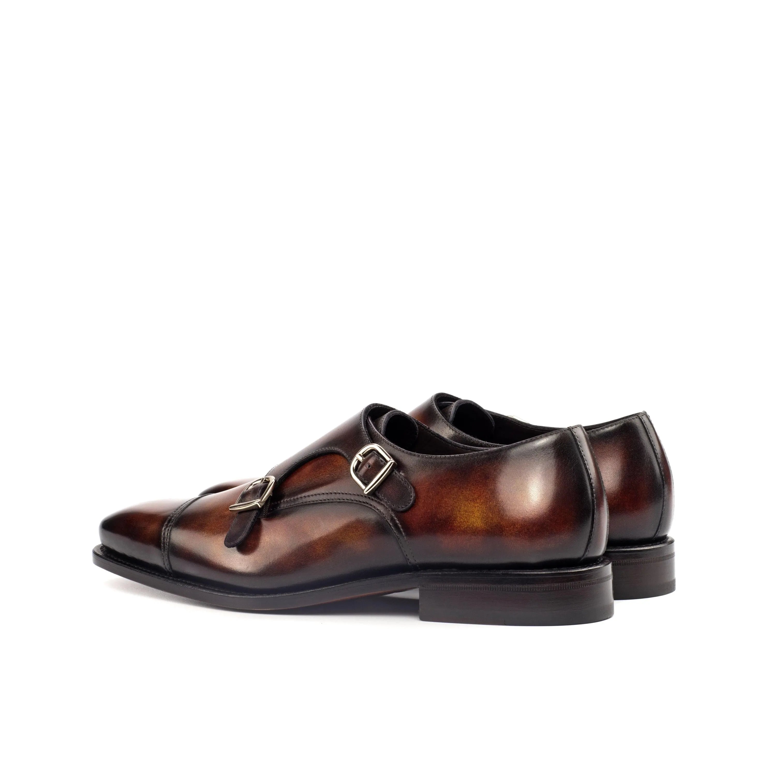Brown leather Deen Double Monk Patina Shoes II featuring a chisel toe design