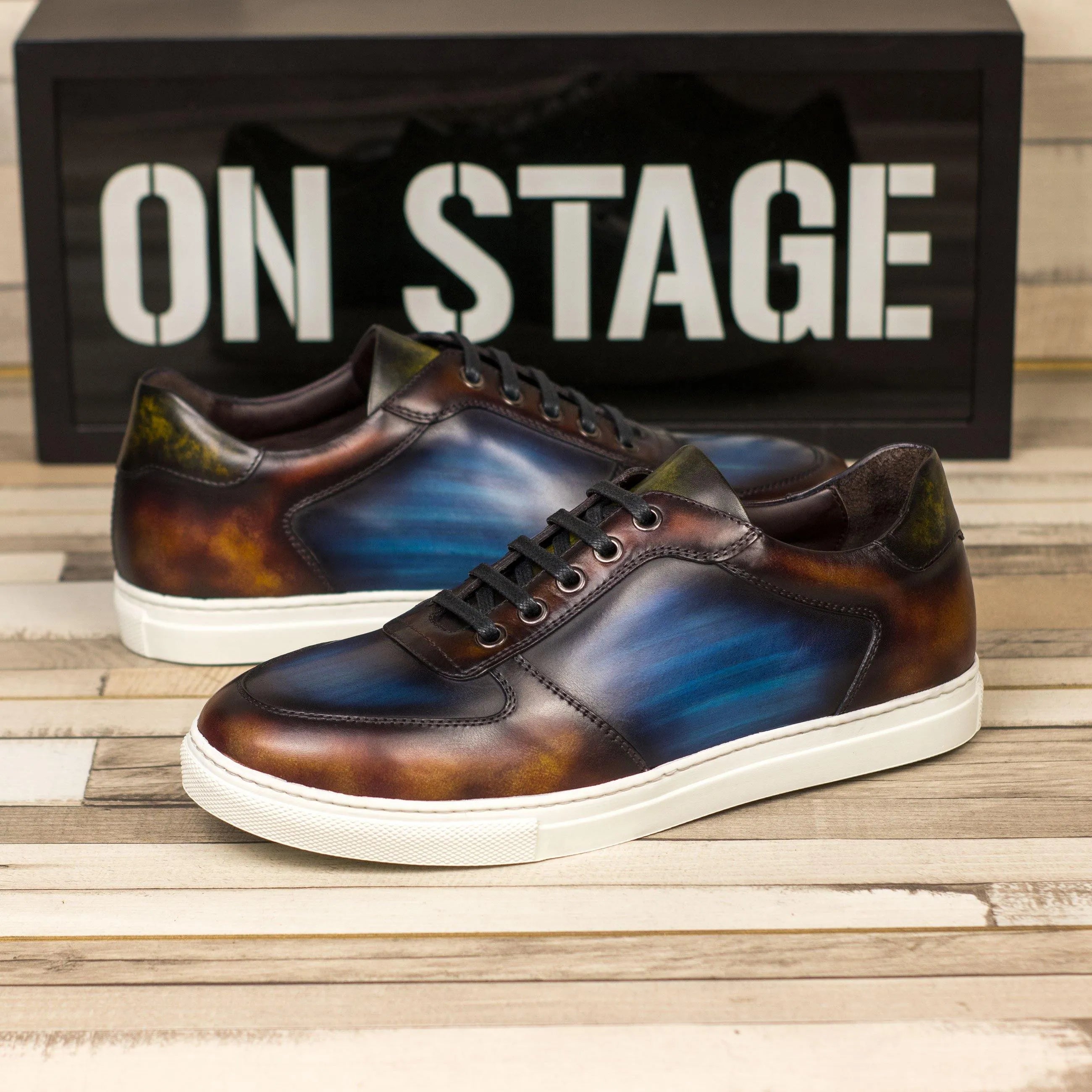 Leather Deen Patina Low Top Sneakers featuring a striking blue and brown patina