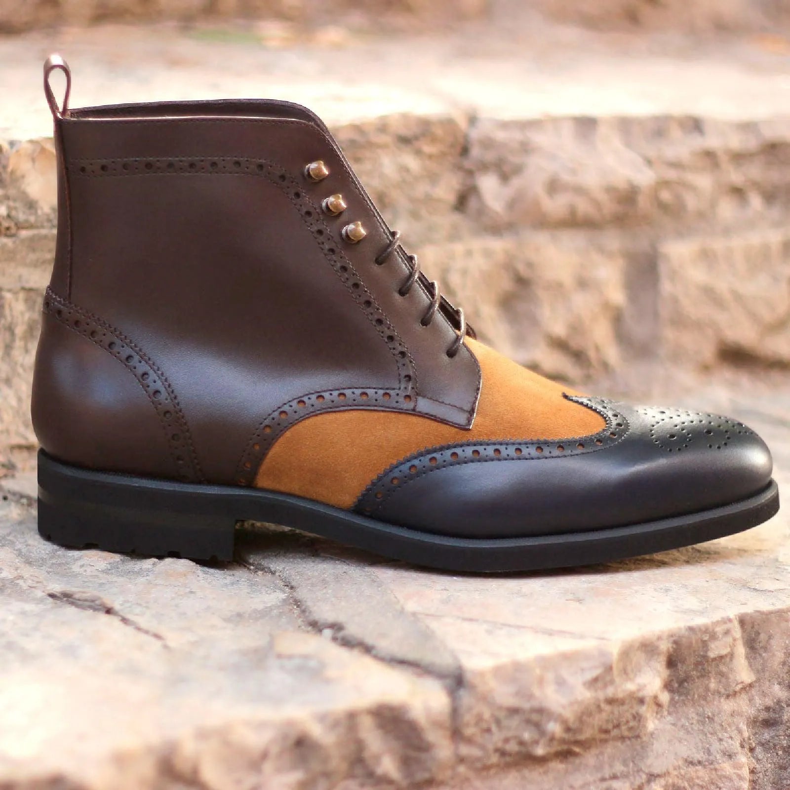 Two-tone leather wingtip Denion Military Brogue Boots crafted from box calf