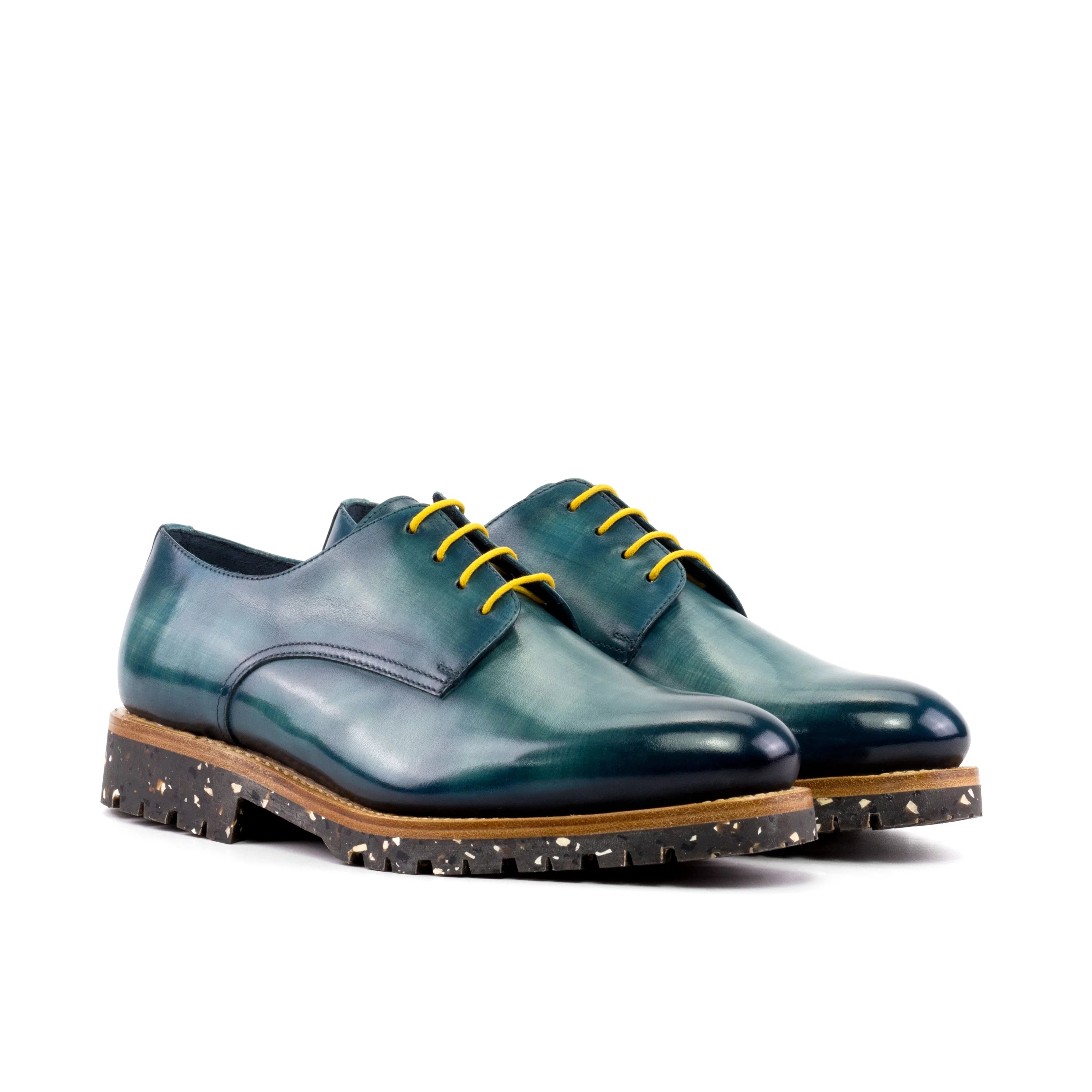 Bristol Patina Derby open lacing shoes in green calf leather with yellow laces