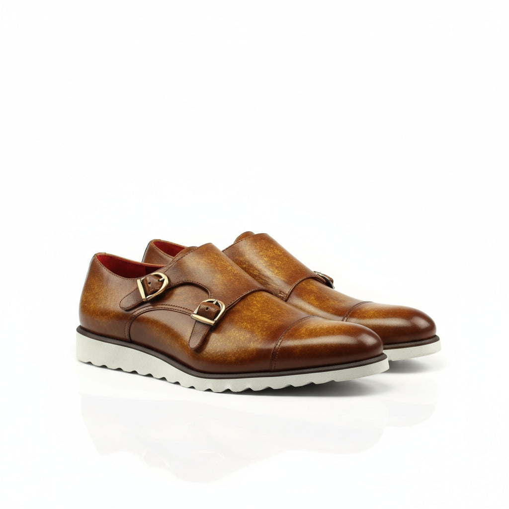 Brown leather Dilya Double Monk Patina shoes with elegant double monk strap design