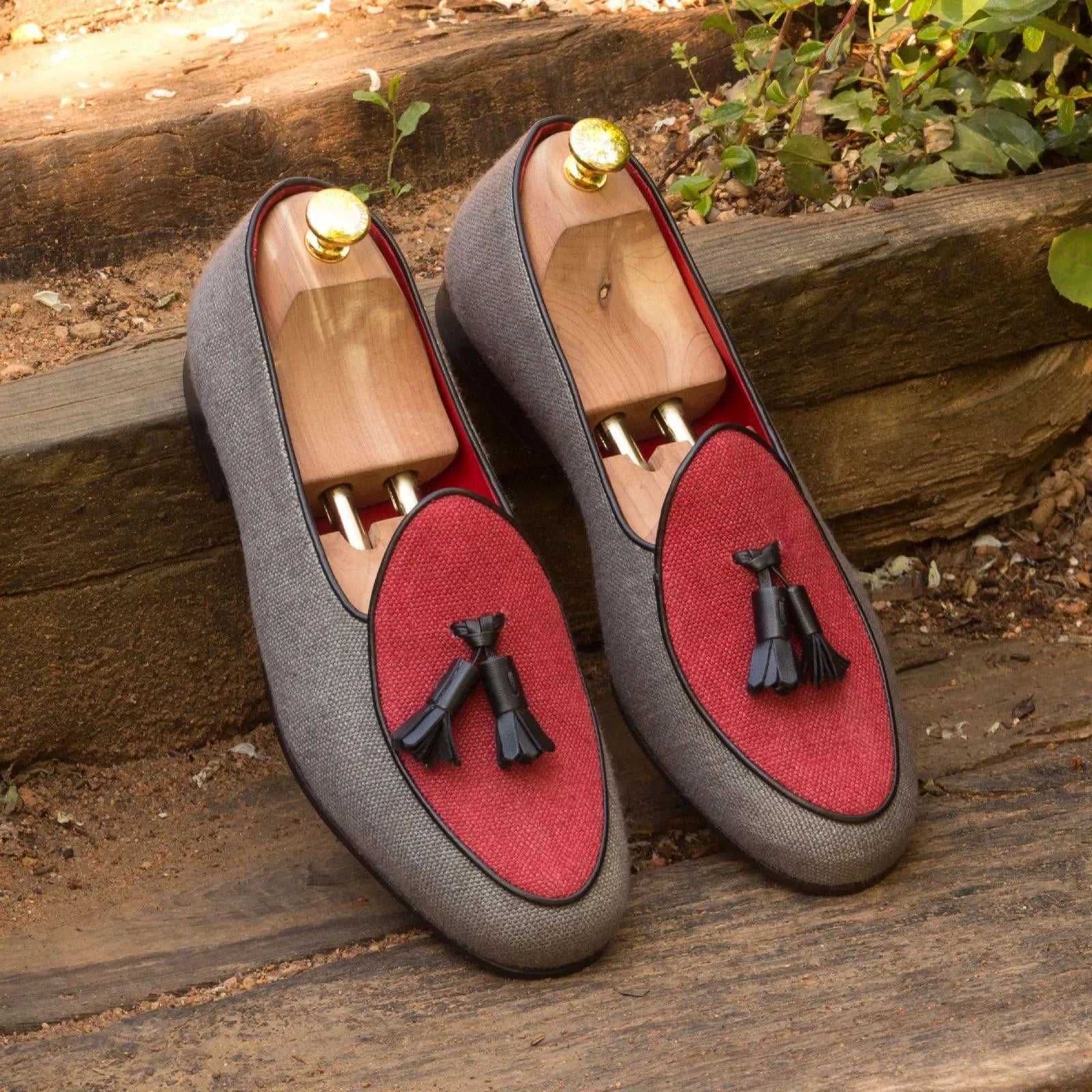Gray and red tassel loafers from the Dirko Belgian Slipper collection