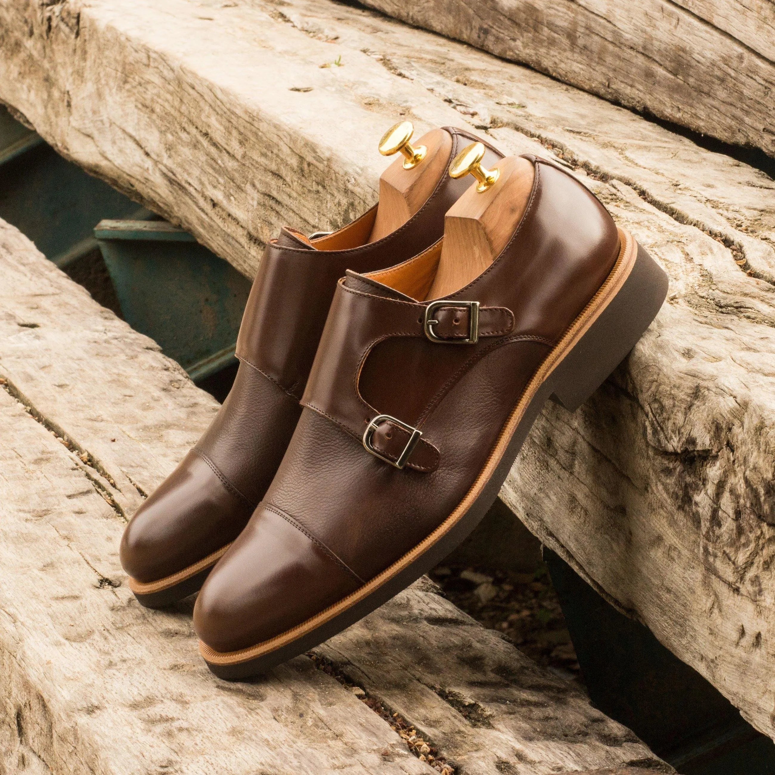 Brown leather DMC Double Monk II double monk strap shoes with rounded toe design