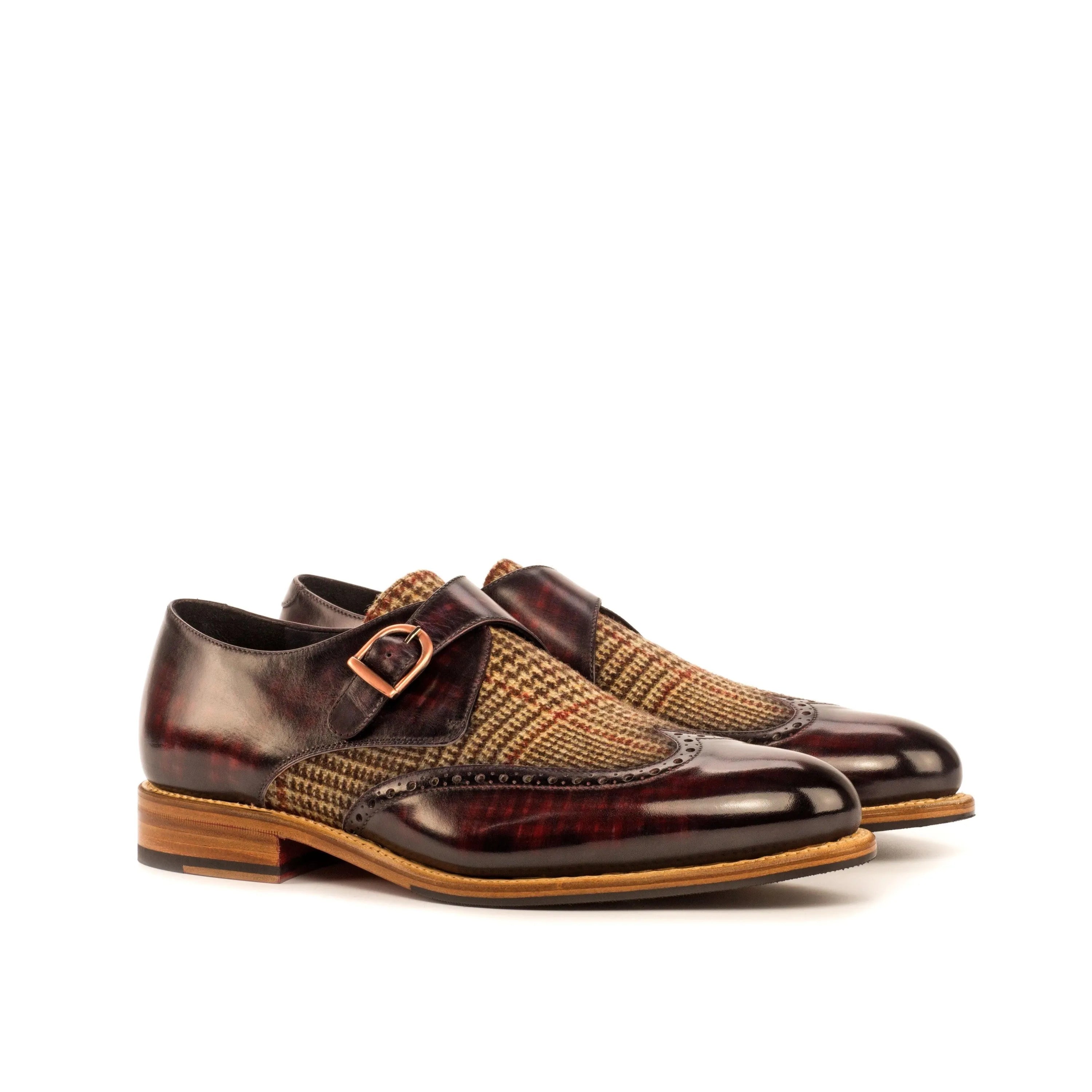 Burgundy leather and tweed Donny Single Monk Patina II shoes with rounded toe design