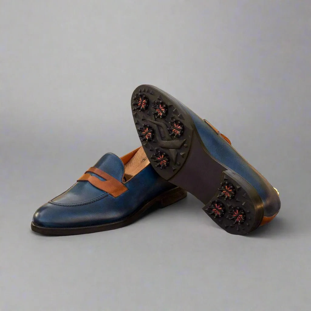 Blue and brown leather Double Eagle Loafer Golf Shoes made from painted calf material