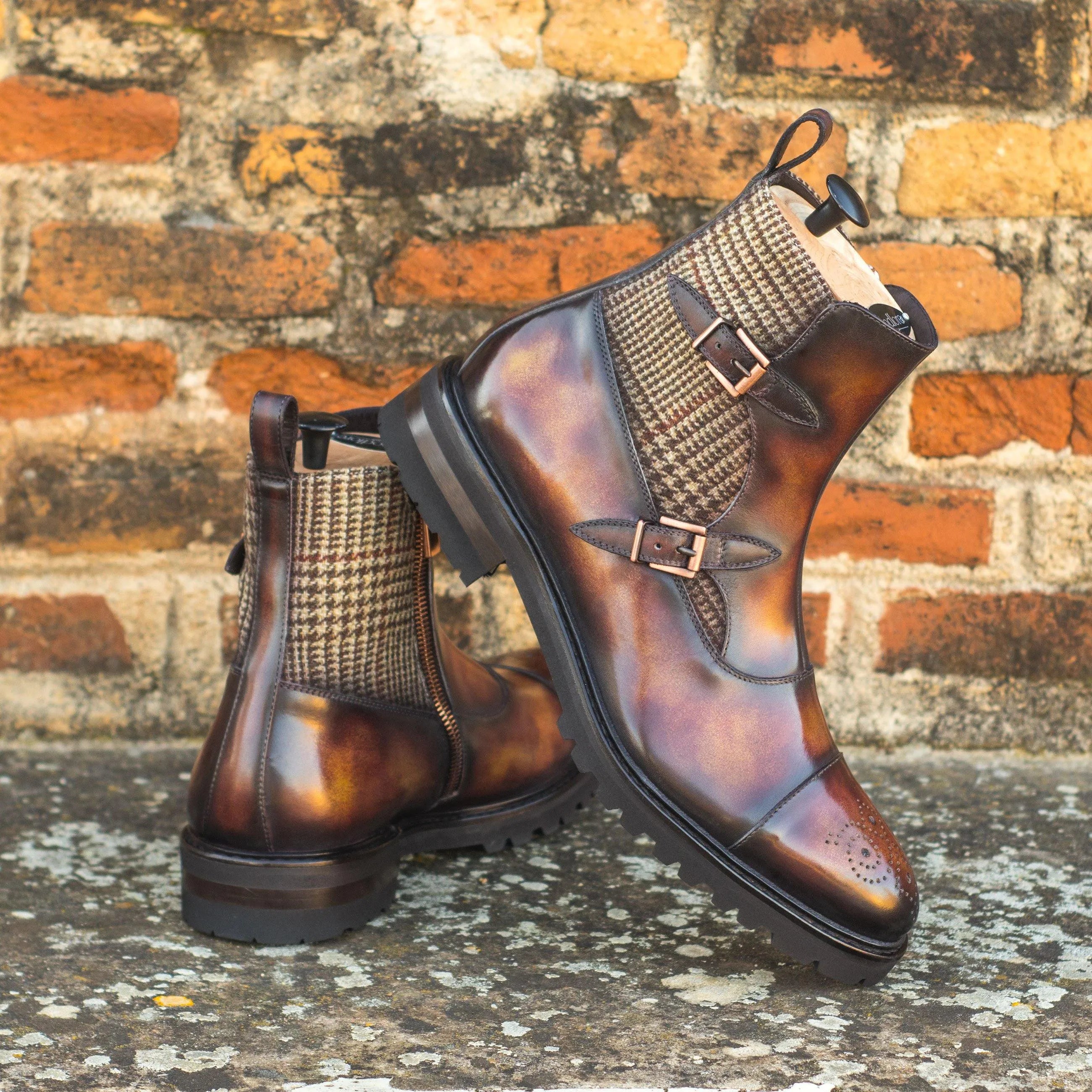 Brown leather and houndstooth monk strap Dowain Octavian Patina Boots for stylish footwear
