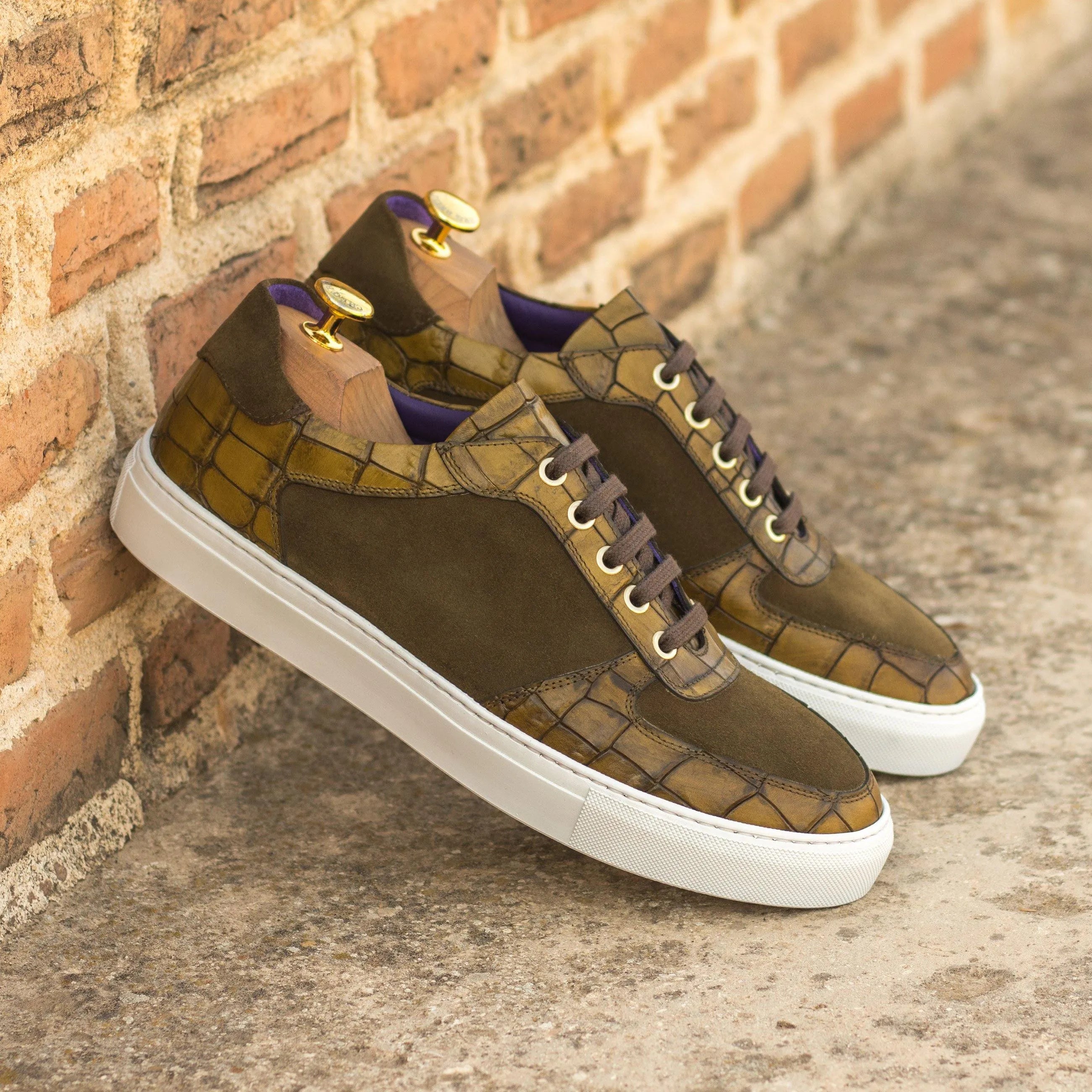 Olive green crocodile-textured leather Dreamz Low Top Sneakers luxury bespoke shoes for men