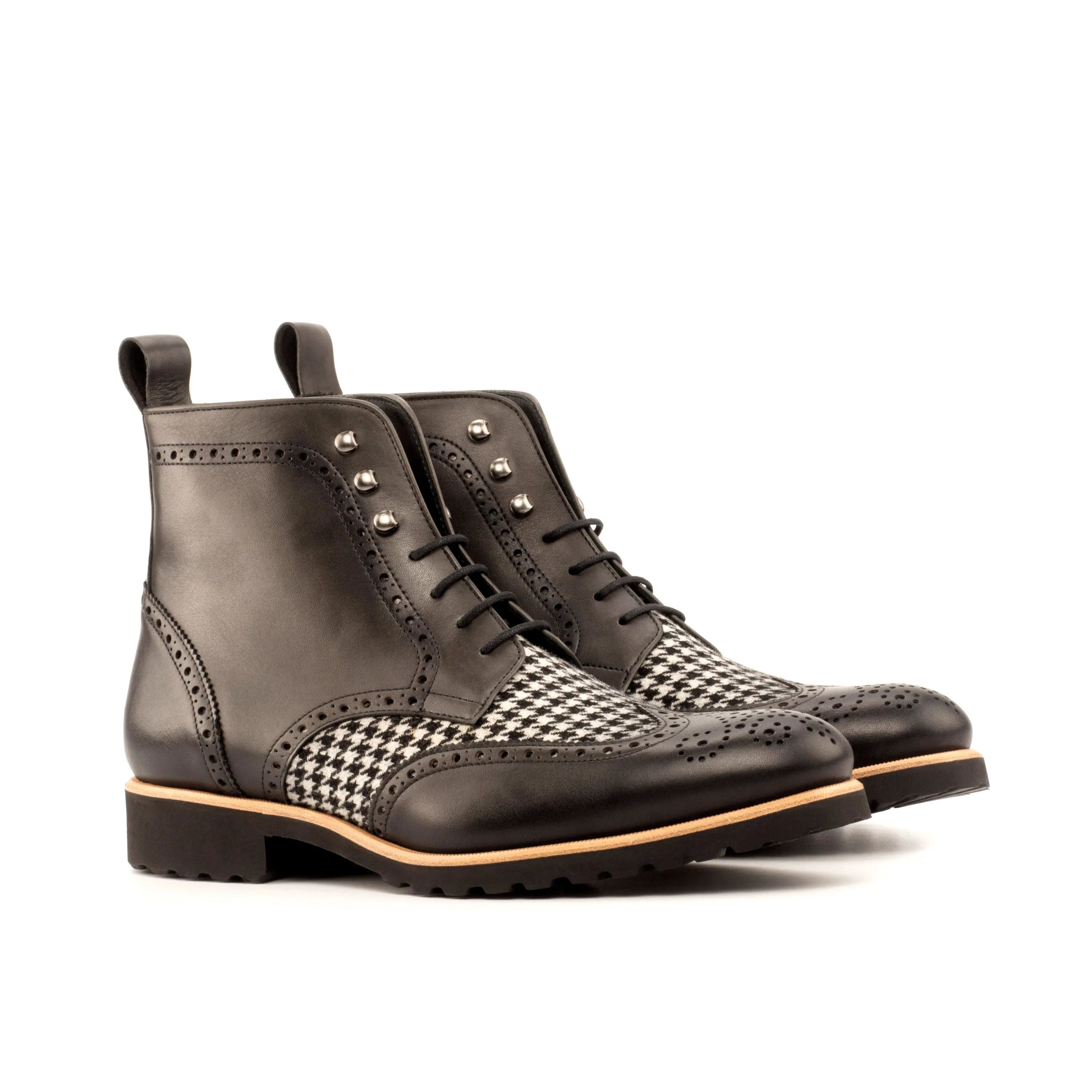 Black leather and houndstooth DT90 Military Brogue Boots for stylish durability