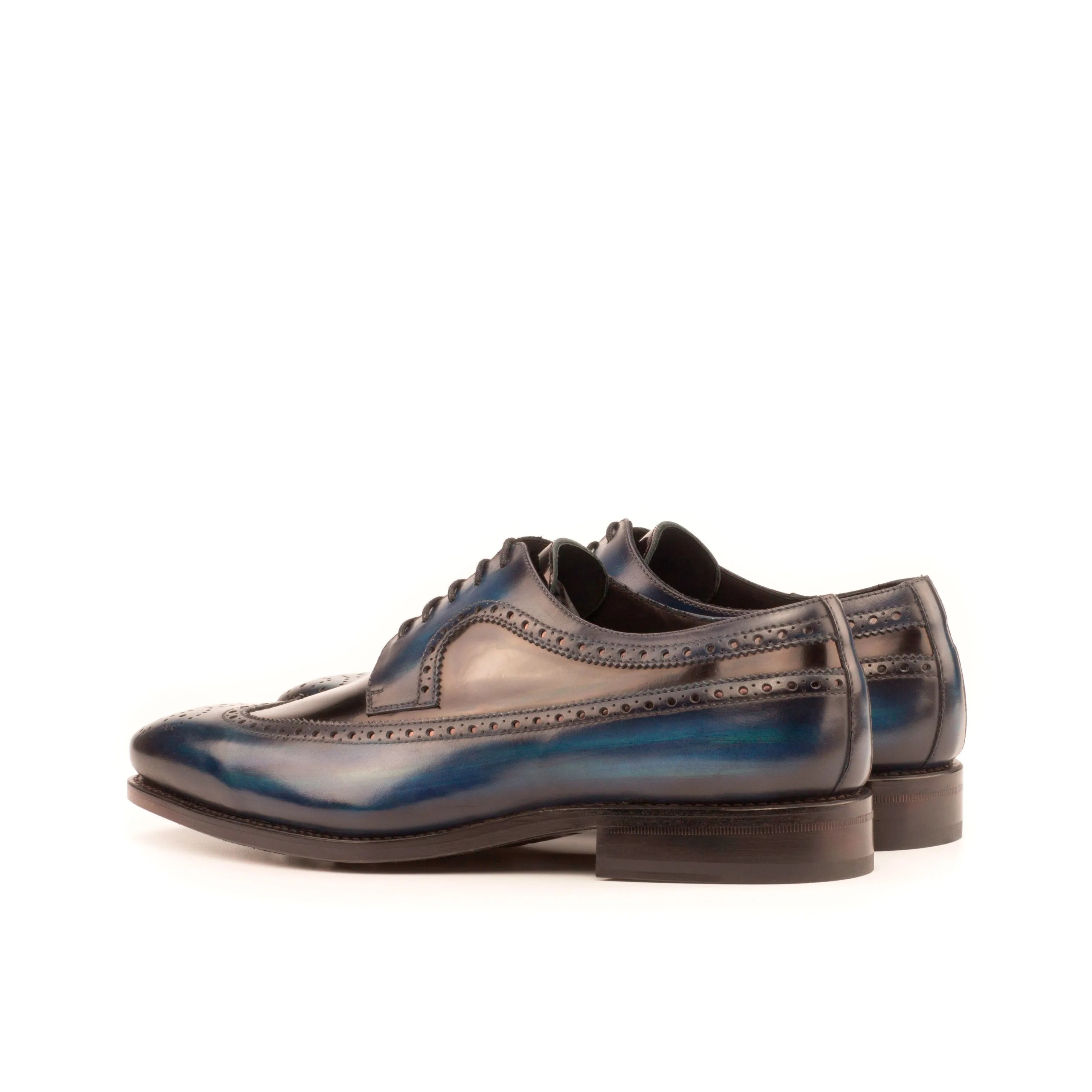 Blue leather Dunne Patina Longwing Blucher dress shoes with classic wingtip design