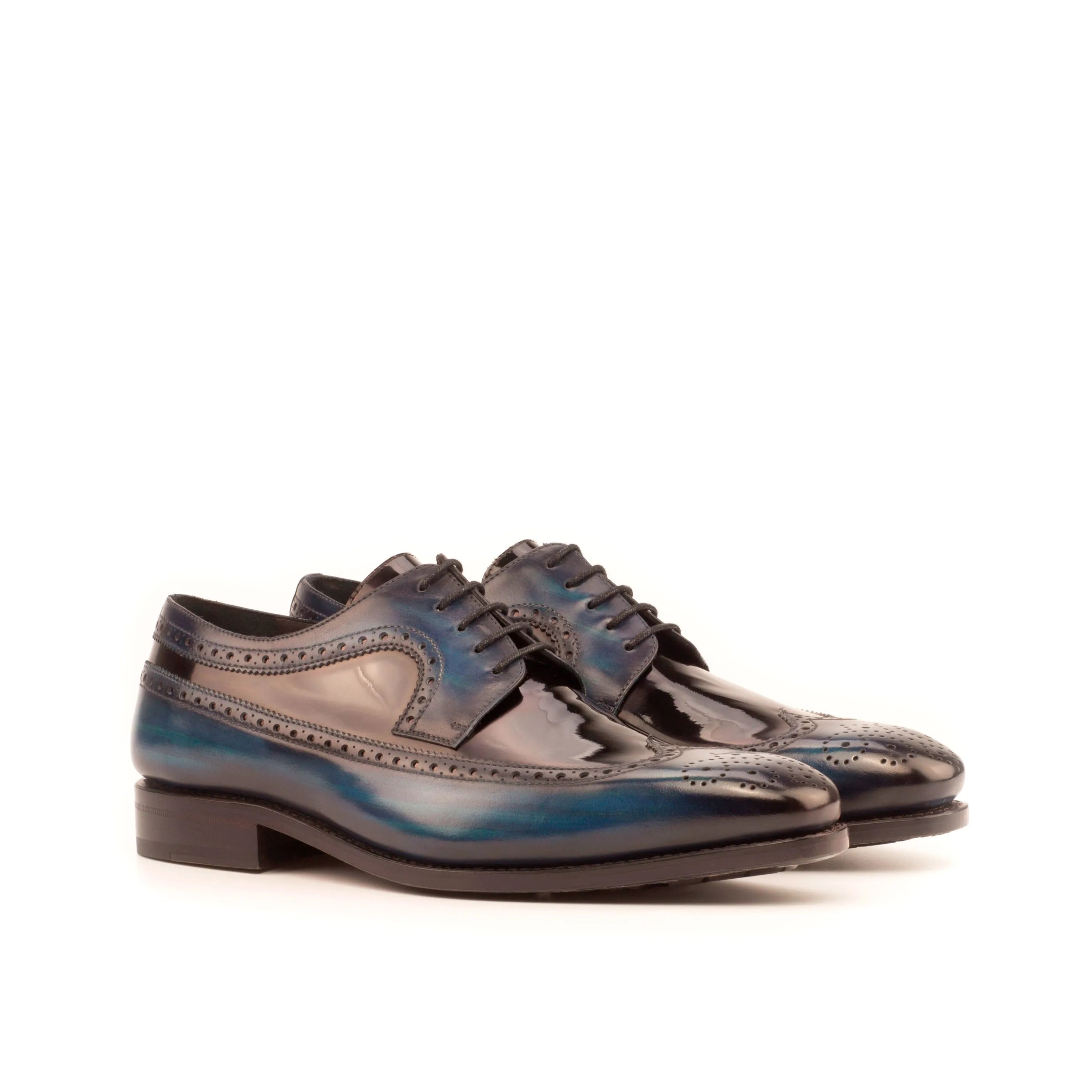 Shiny blue and black Dunne Patina Longwing Blucher dress shoes for elegant styling