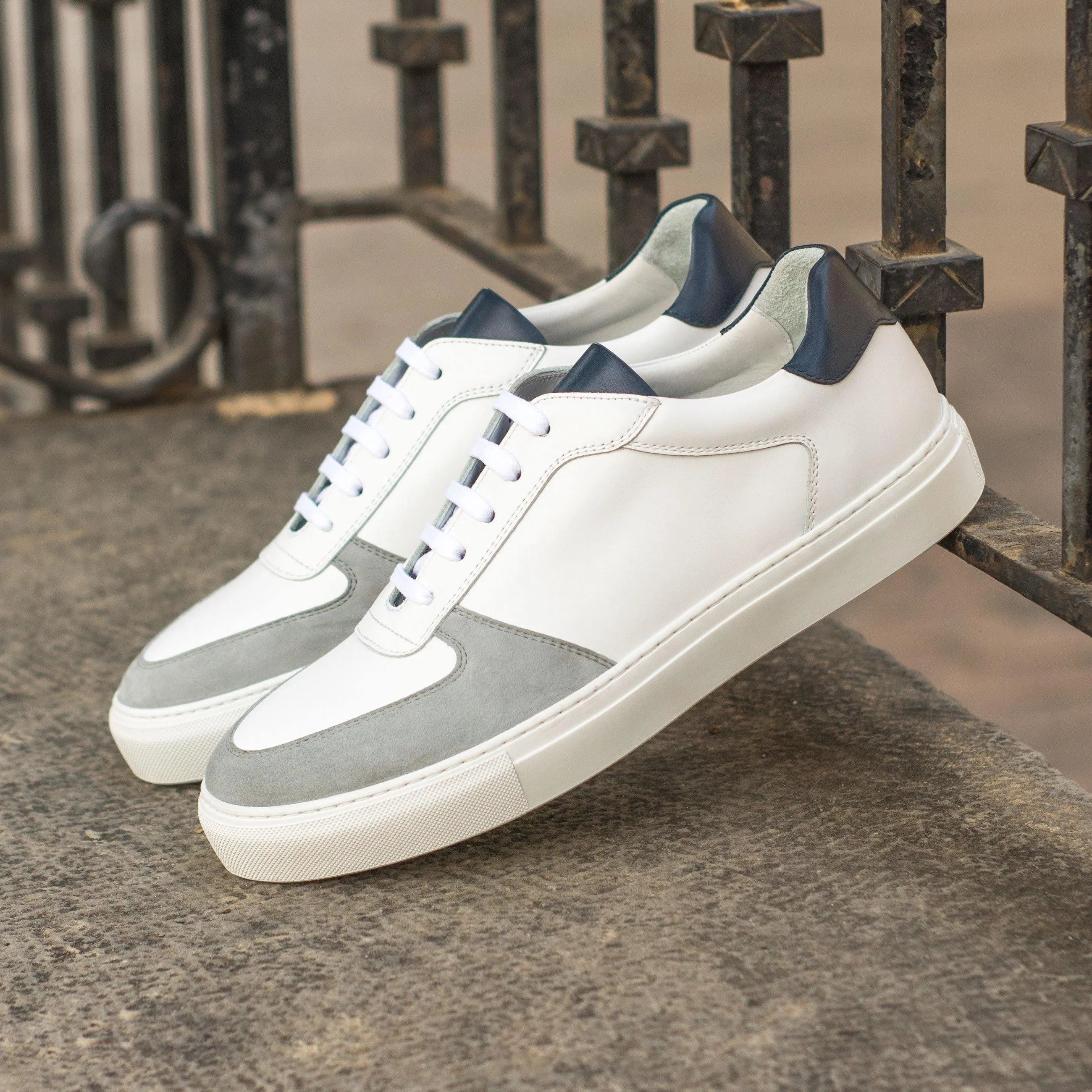 White and gray leather DW15 Low Top Sneakers made from premium box calf material