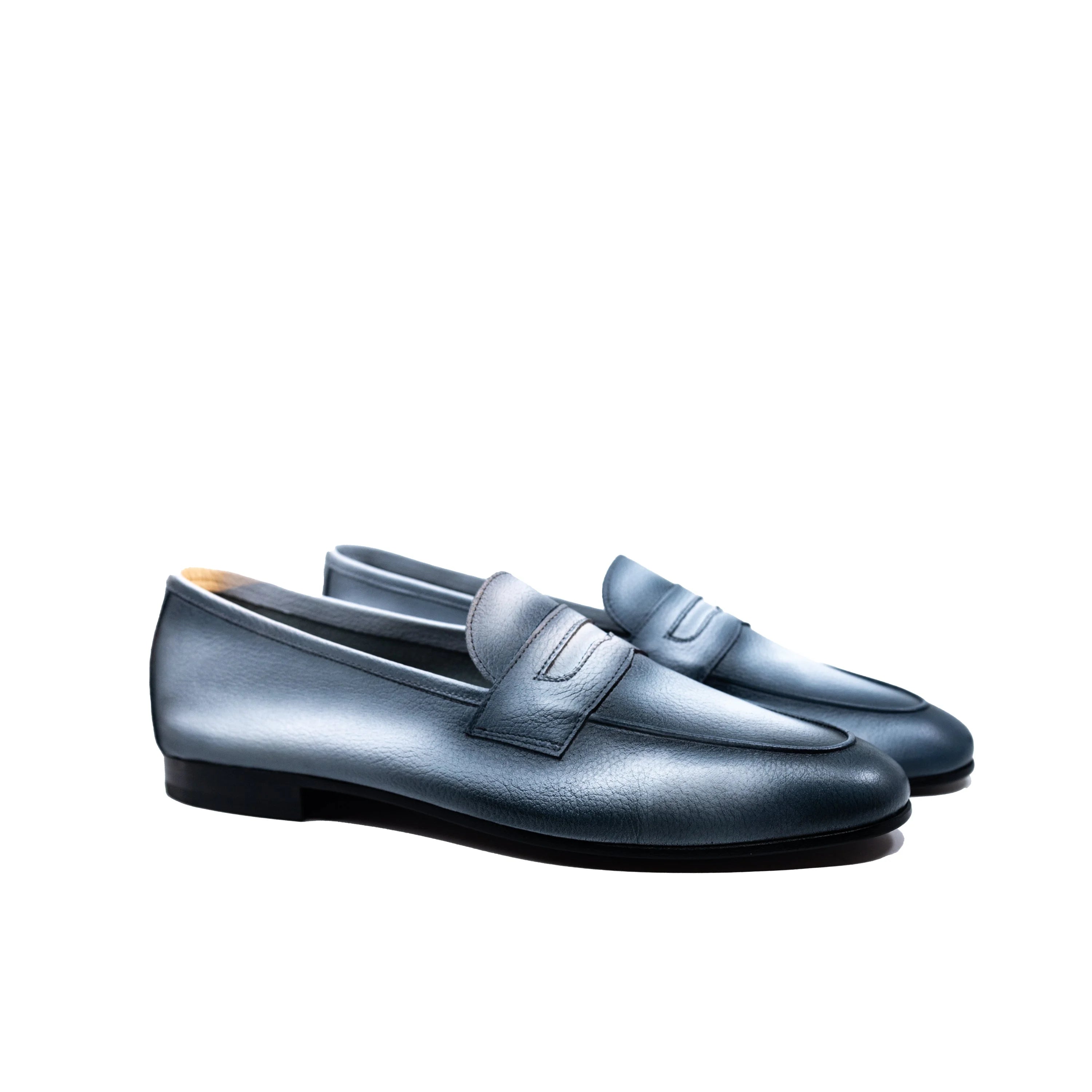 Dymo Flex Slip On Shoes II: metallic blue penny loafers with flexible rubber sole
