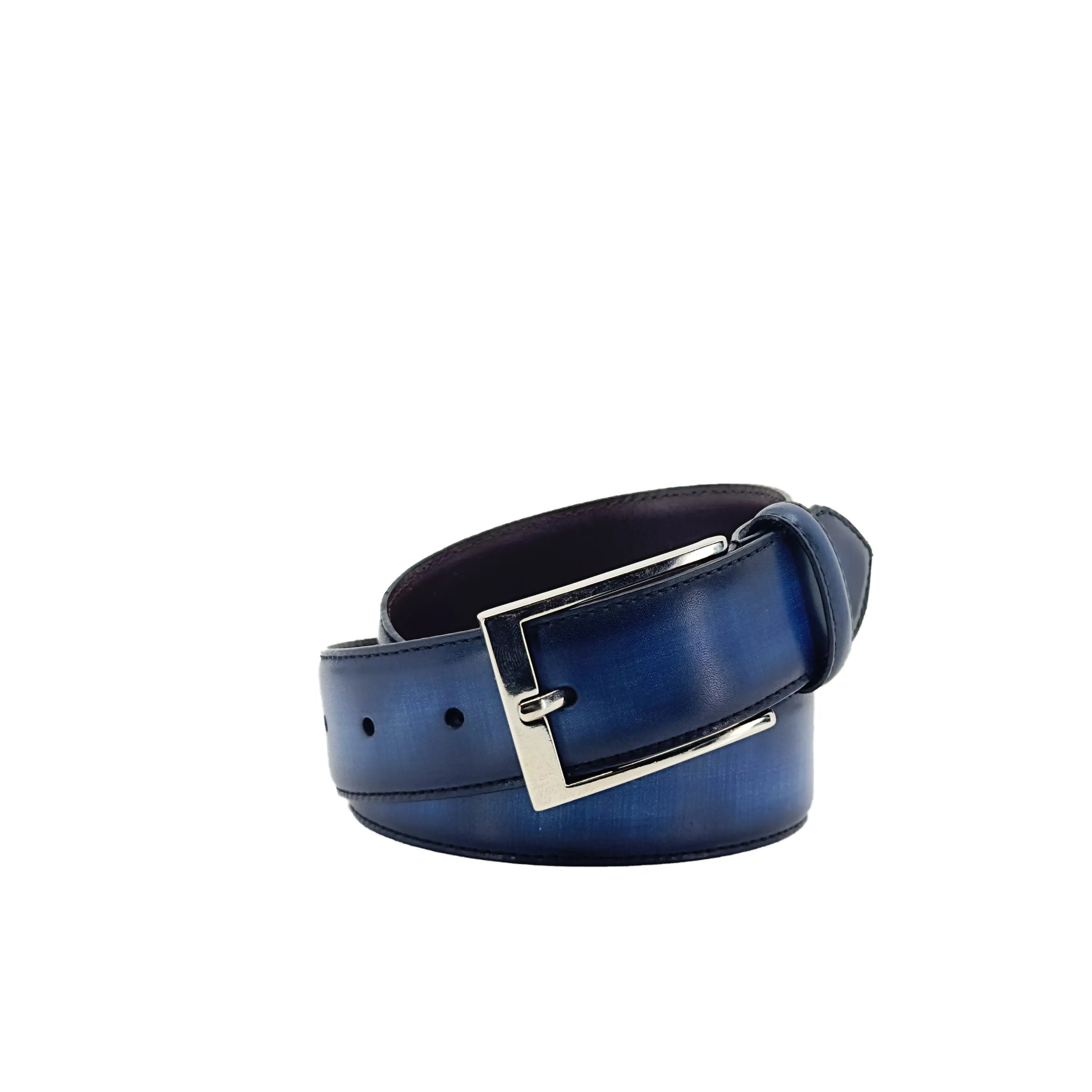 Blue leather Dyno Patina Hamptons Belt with stylish silver buckle on display