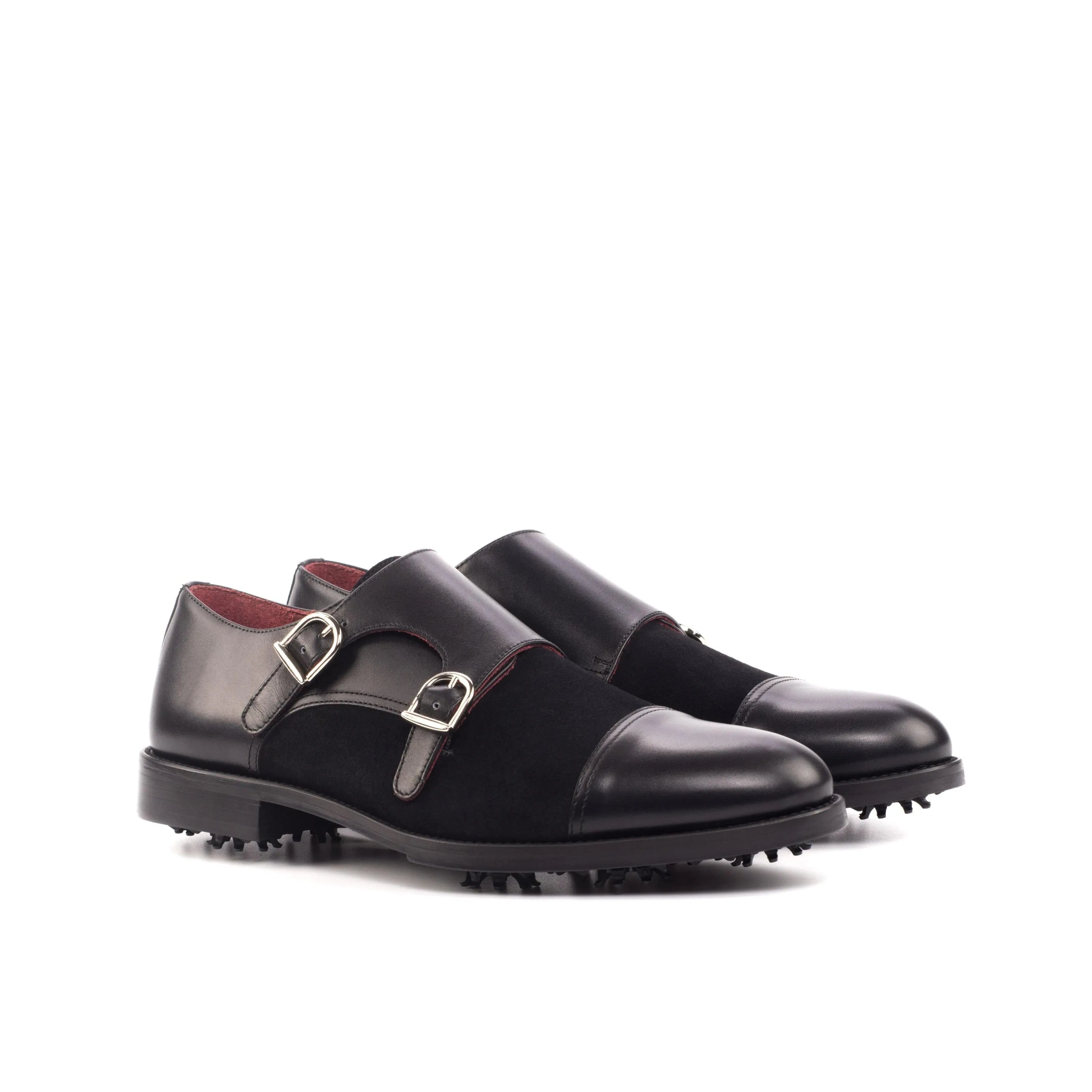 Black leather double monk strap Eagle Golf Shoes for stylish performance on the course