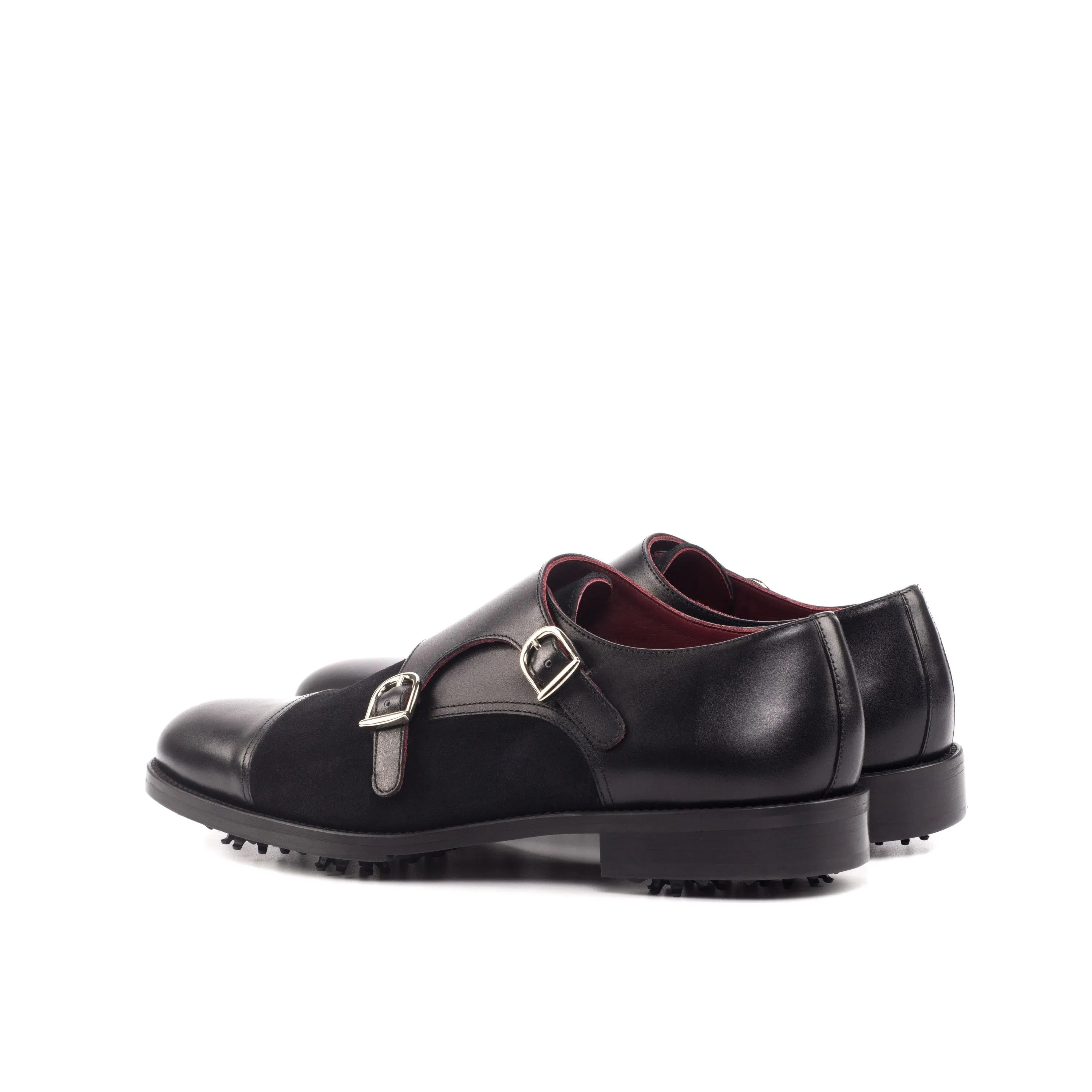 Black leather double monk strap shoes from Eagle Golf Shoes for stylish golfing elegance