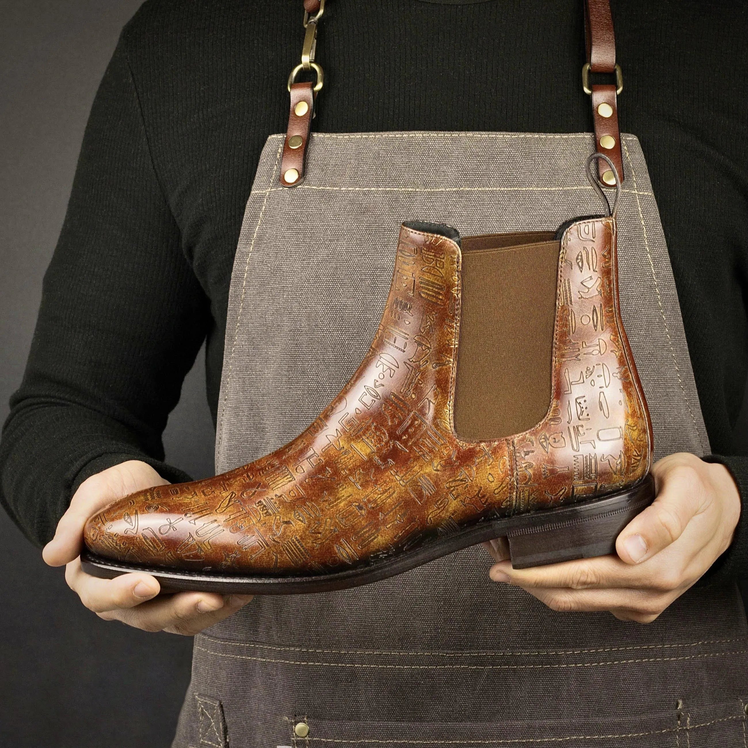 Brown leather Chelsea boot with hieroglyphic design from Egyptian 2 Patina Chelsea Boots II