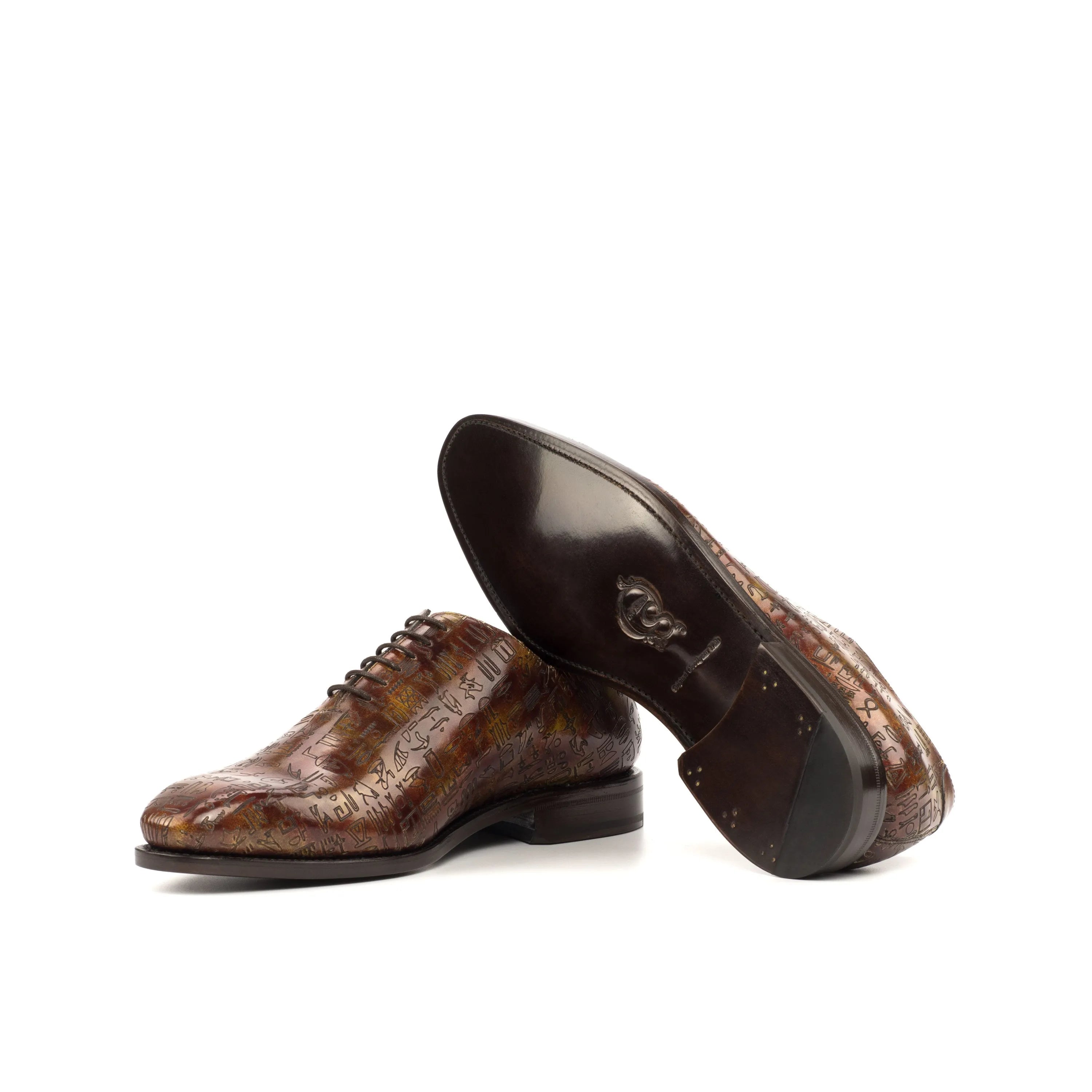 Brown patterned Italian Crust Leather Egyptian Patina Wholecut Shoes II with chisel toe