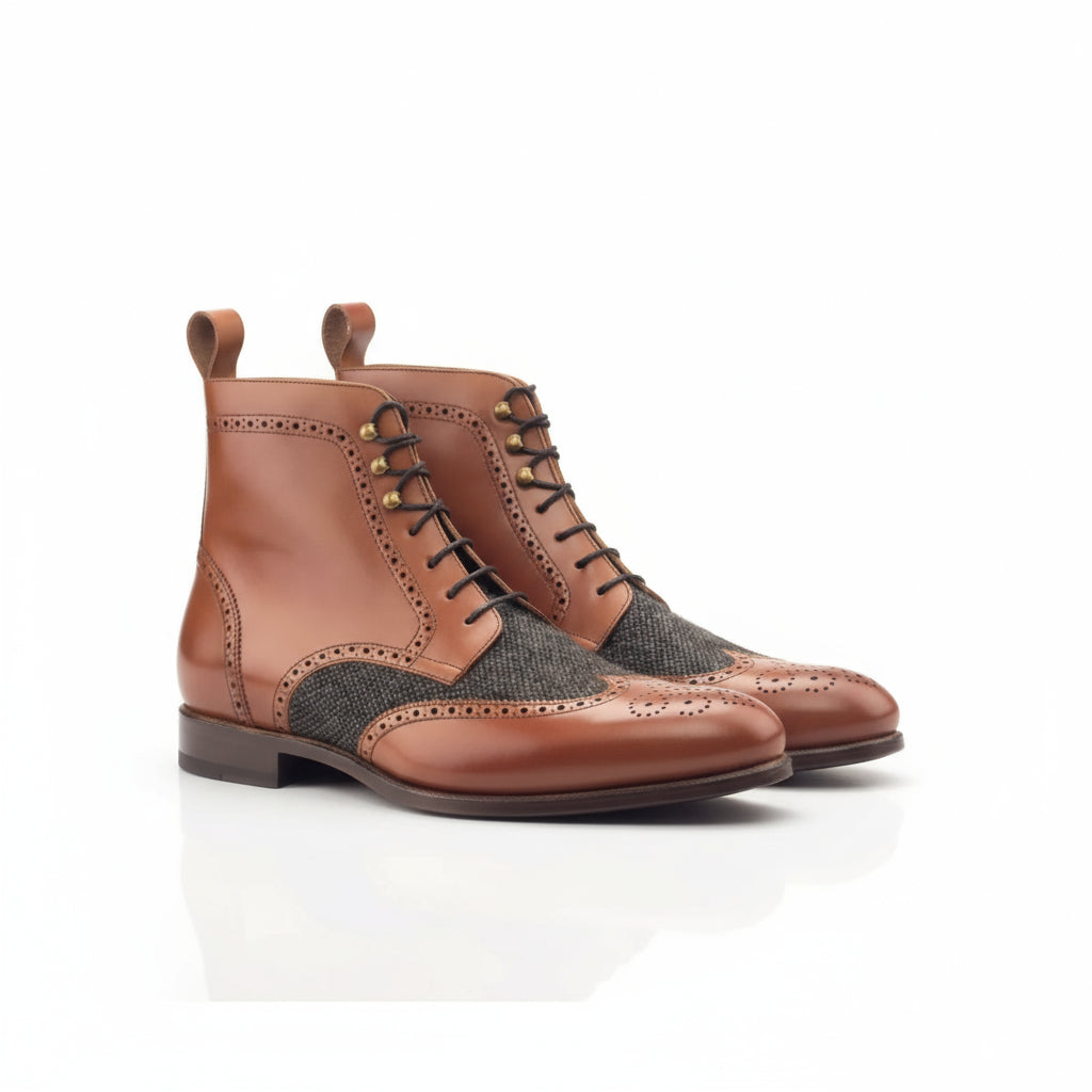 Brown leather and tweed Eisen Military Brogue boots for stylish, rugged footwear