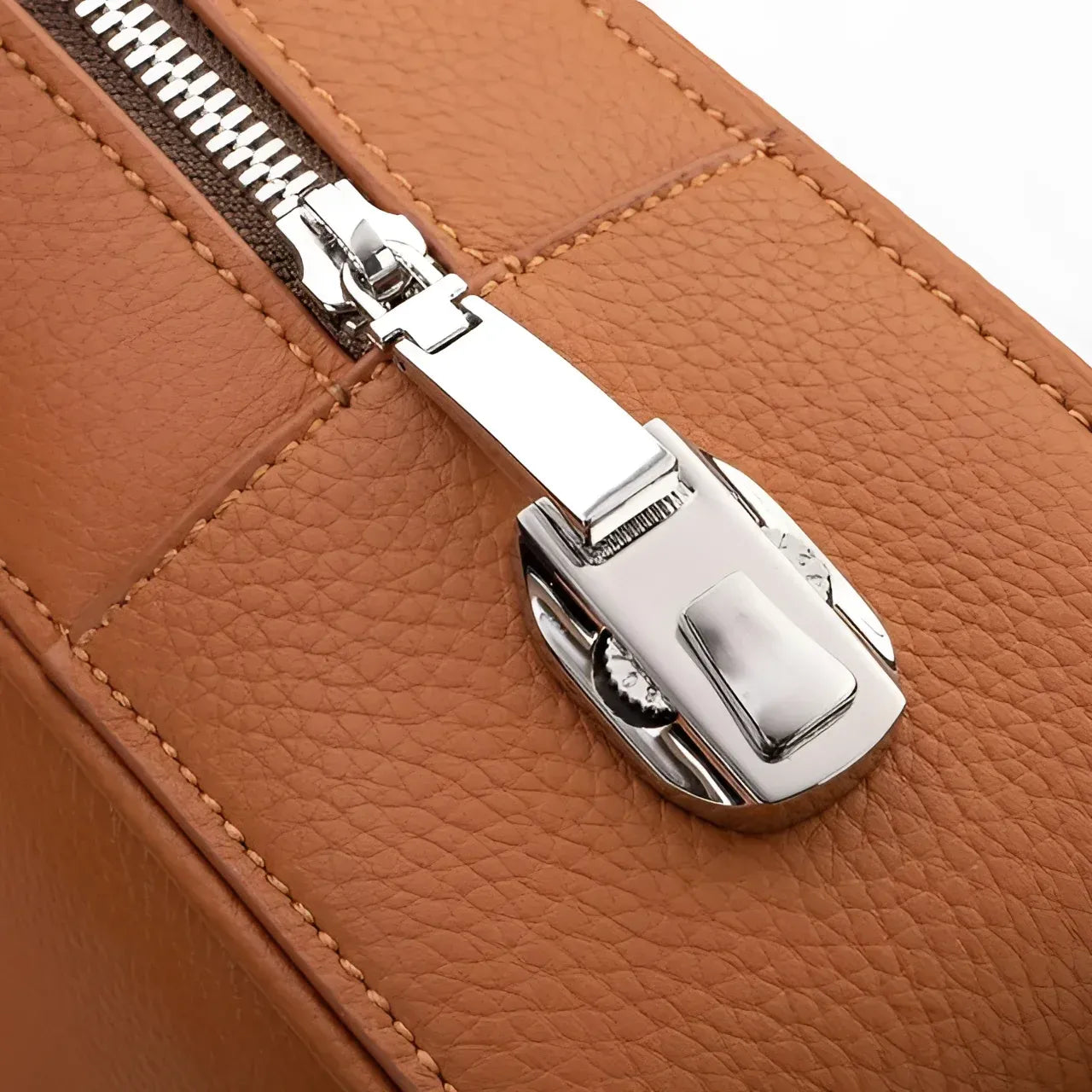 Brown leather Elandro Satchel Briefcase featuring a sleek silver zipper