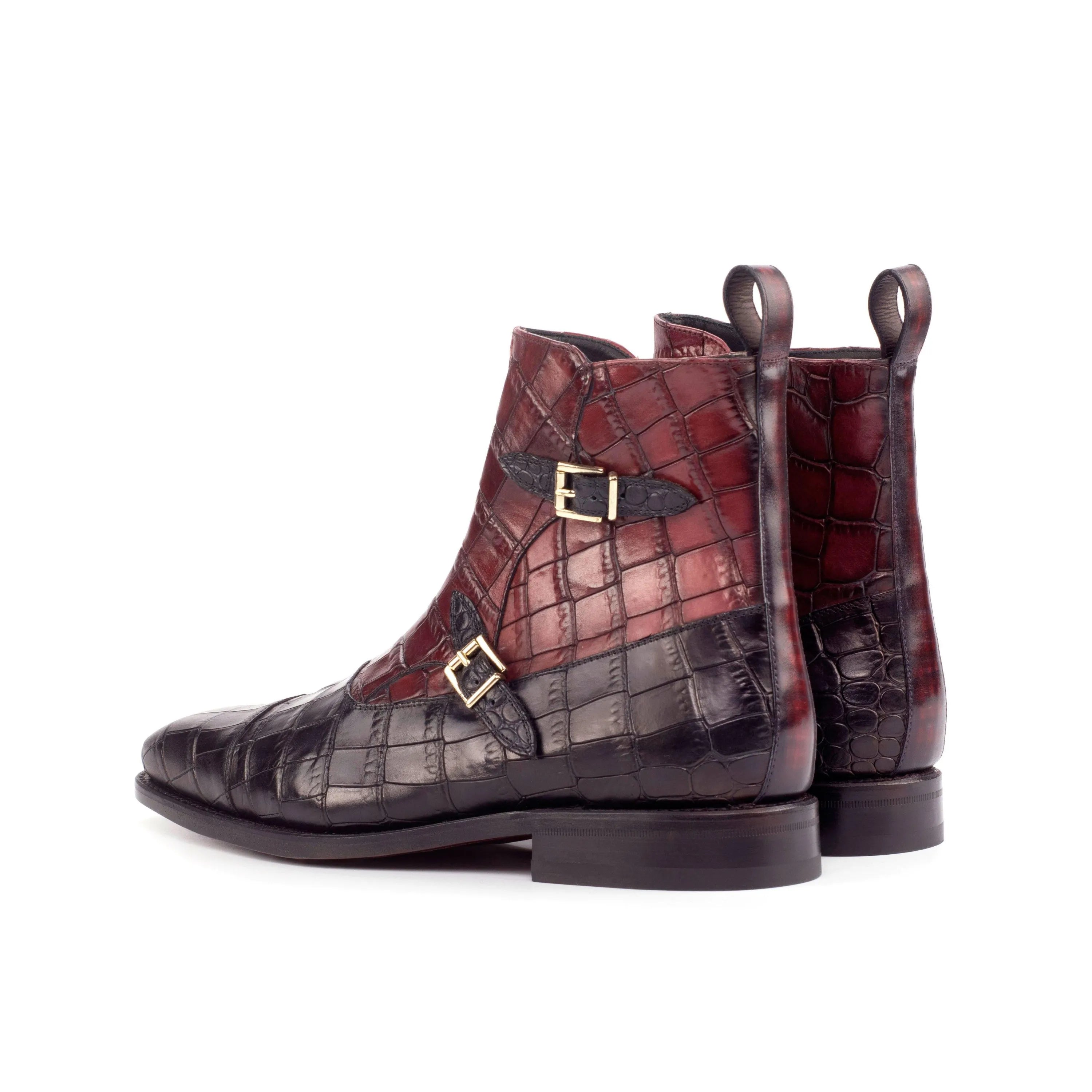 Burgundy and black leather Eldo Octavian Patina Boots featuring painted croco design