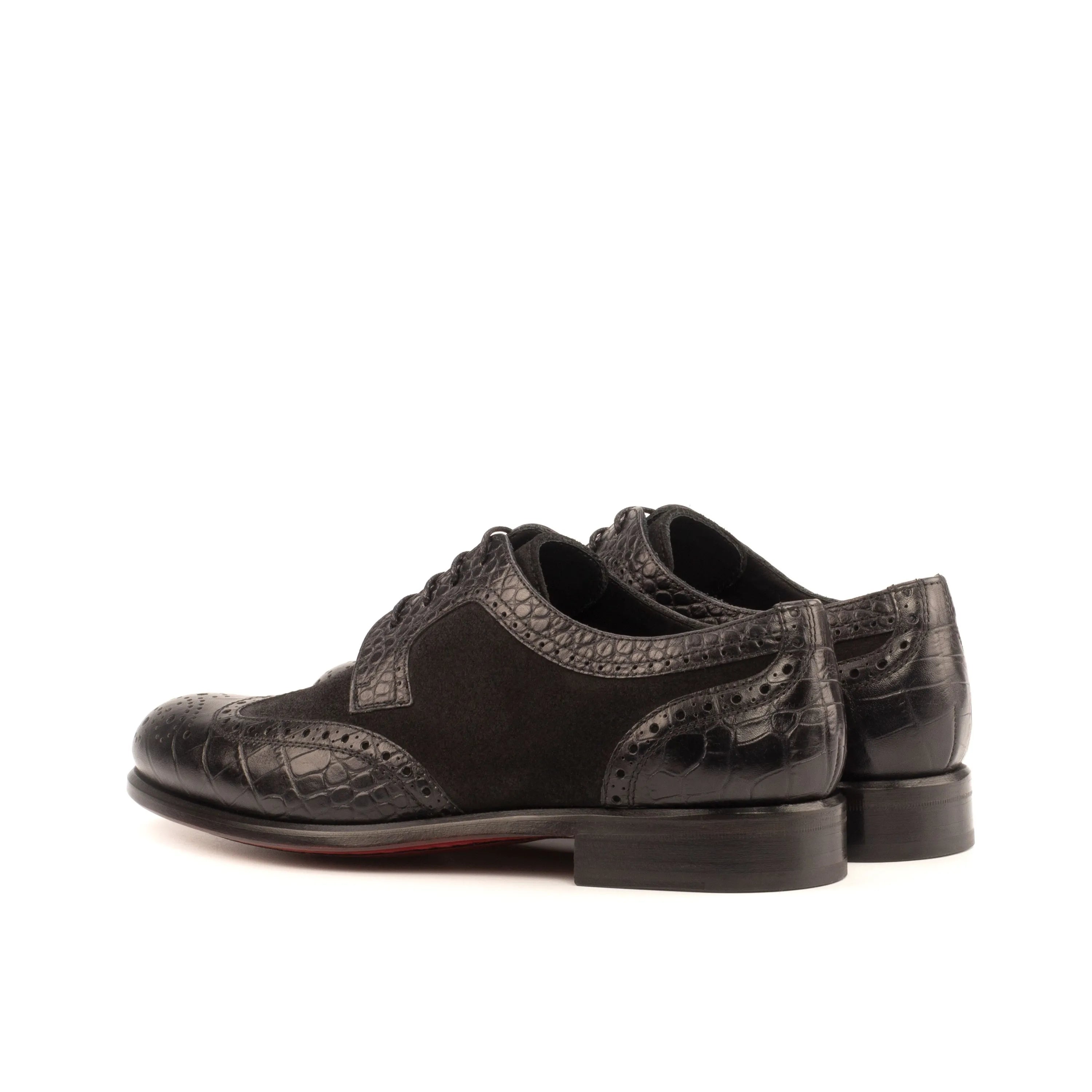 Black leather and suede Ema Ladies Derby Wingtip shoes showcasing elegant design