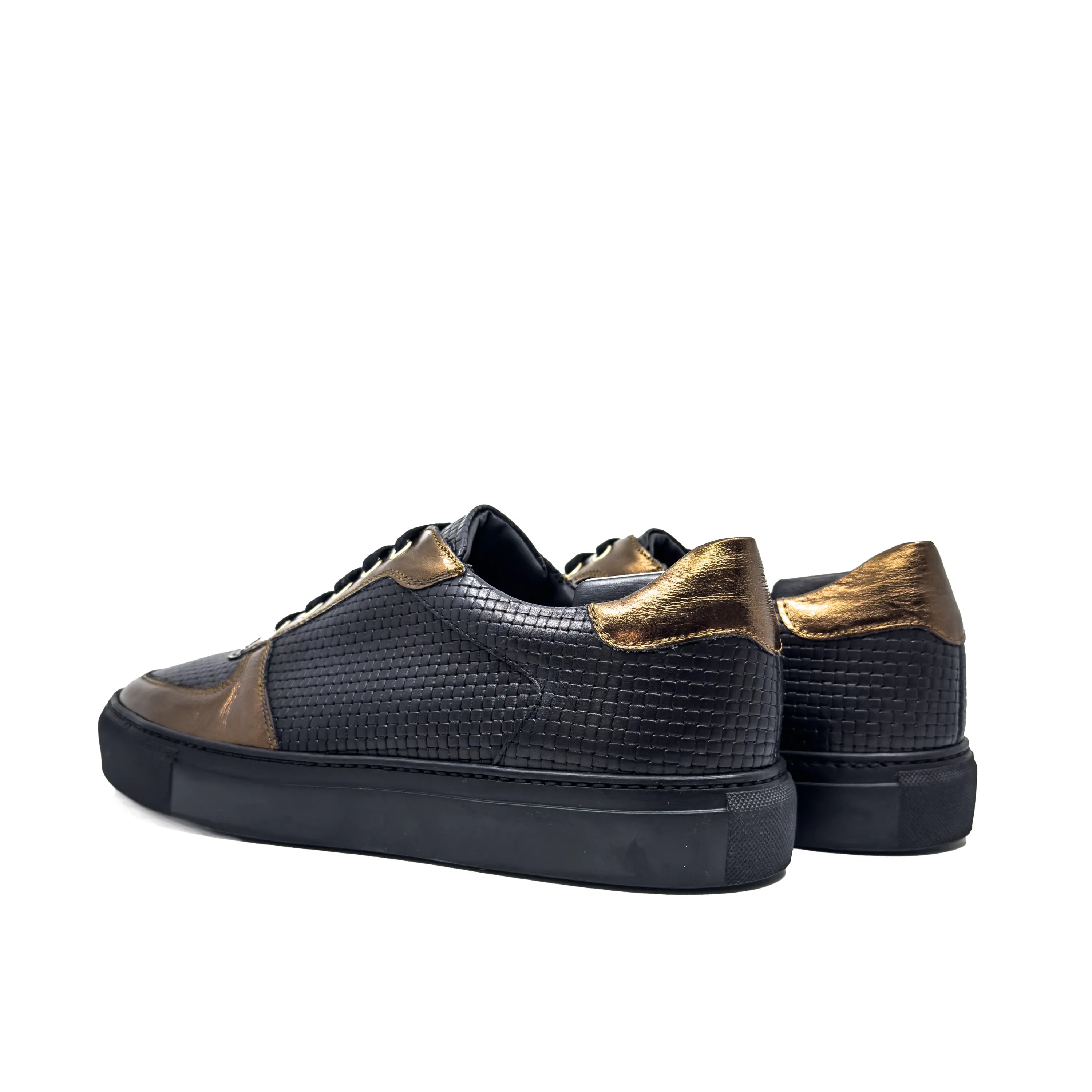 Black and bronze leather Empyr Low Top Trainer Sneaker with cupsole design displayed