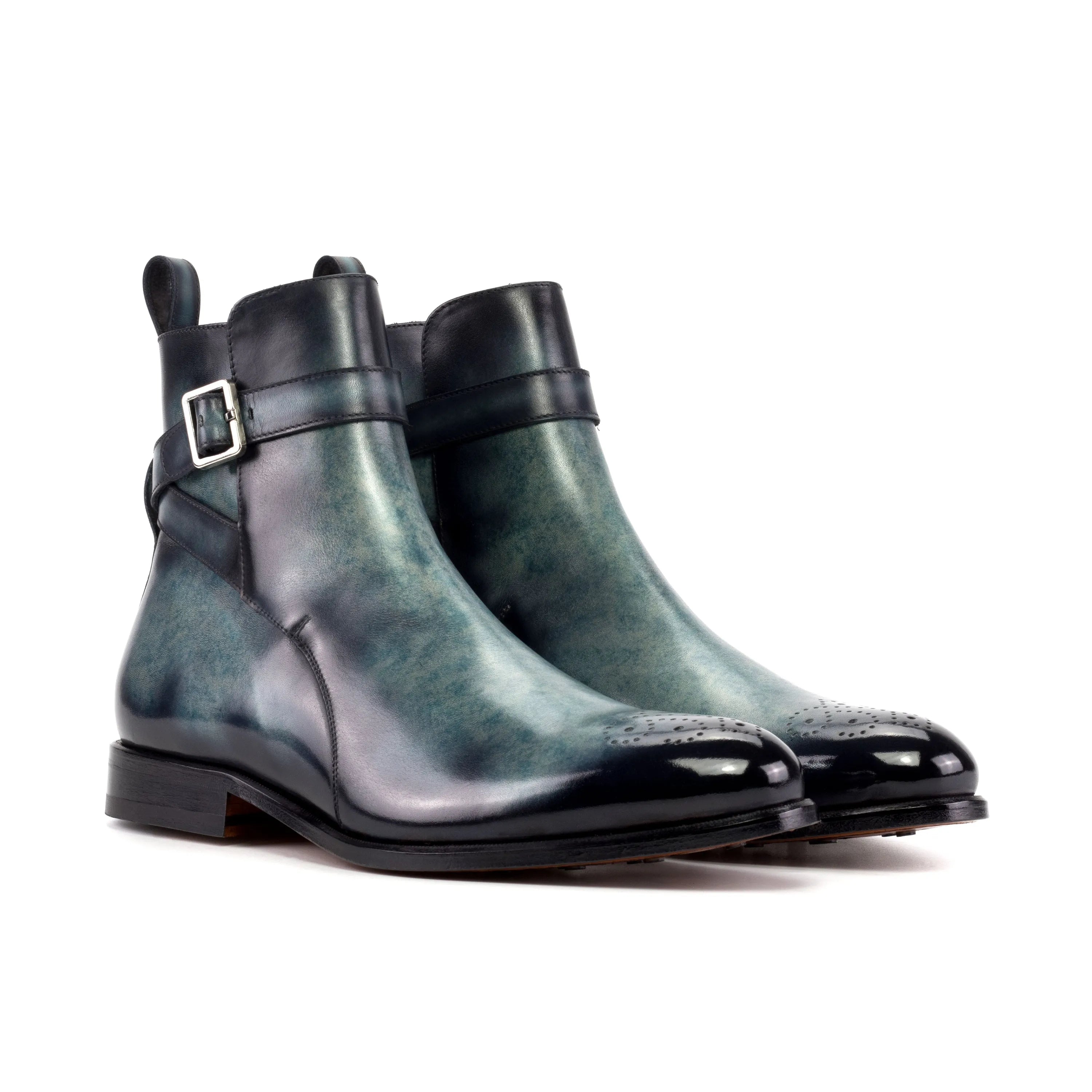 Blue leather ankle boots from Empyrean Jodhpur Patina collection showcasing style