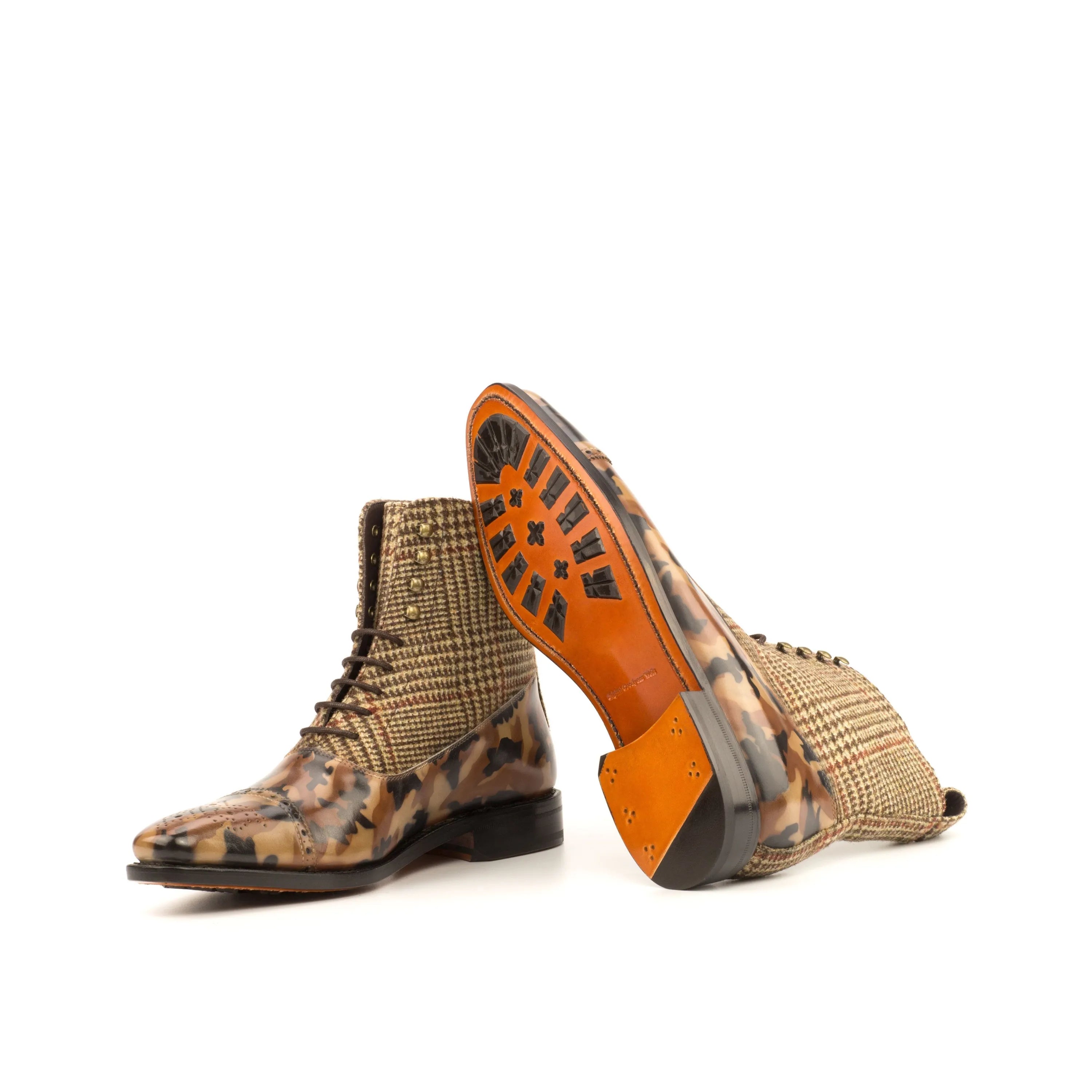 Patterned leather and tweed Enapay Balmoral Patina Boots showcasing exquisite craftsmanship