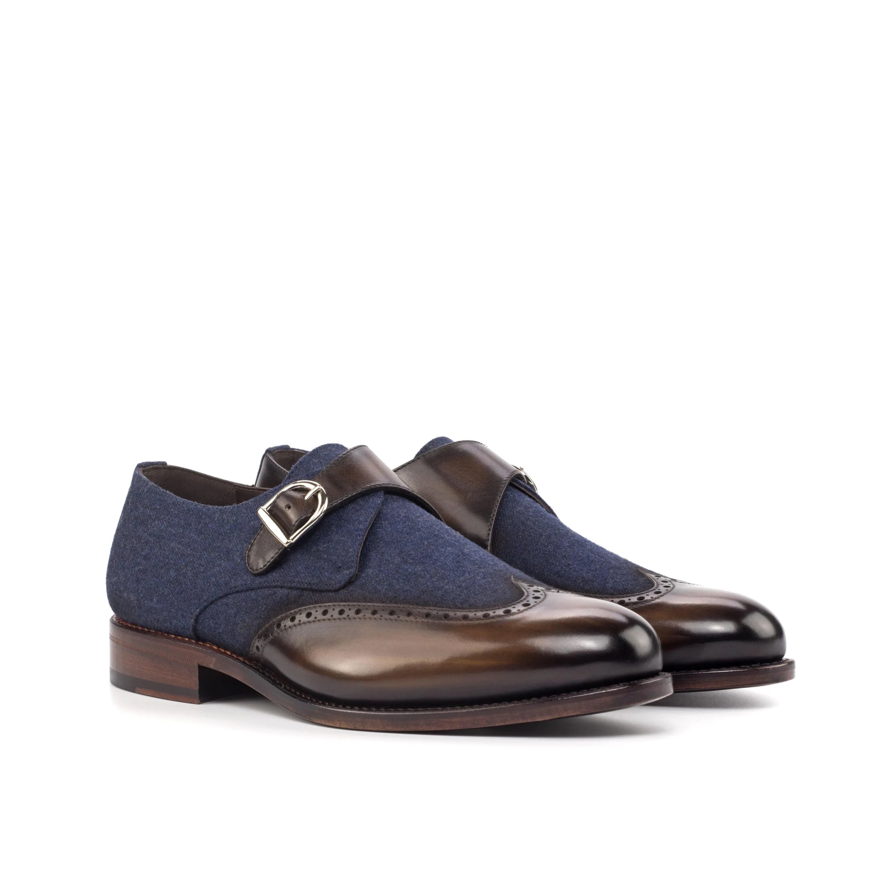 Brown and blue Ernist Single Monk Patina shoes showcasing elegant patina wholecut design