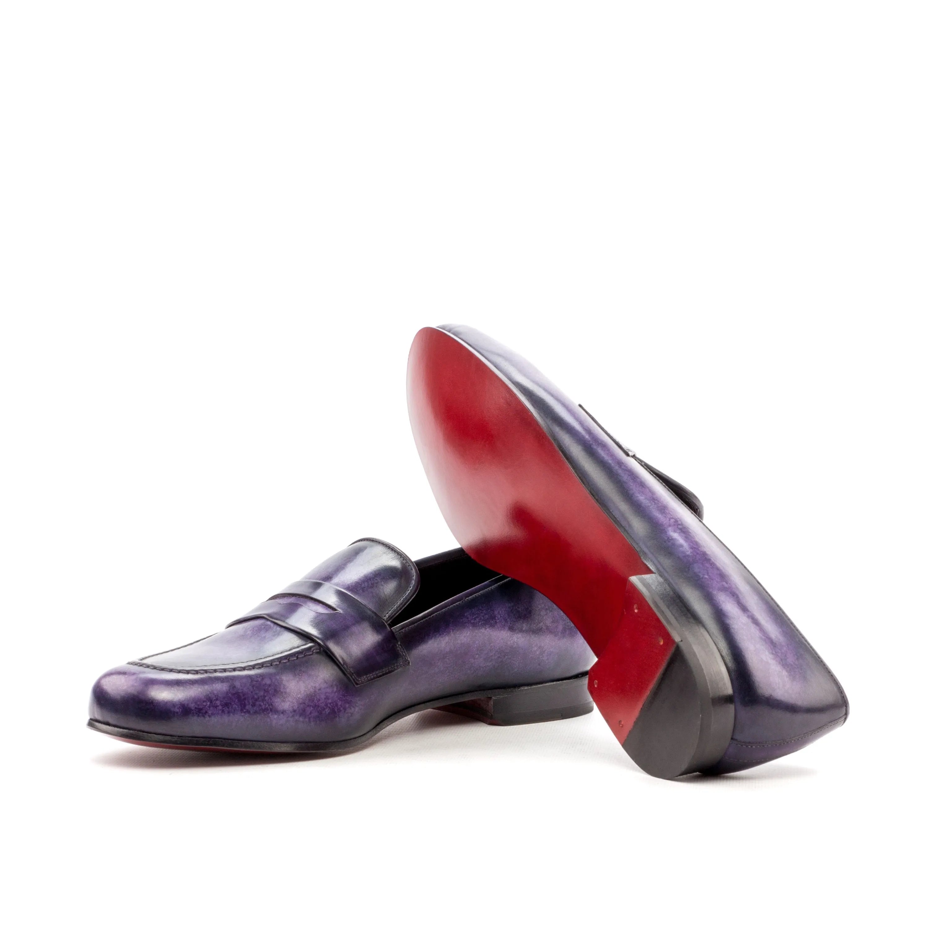 Purple leather Euclid Wellington Patina slip on loafers with striking red soles