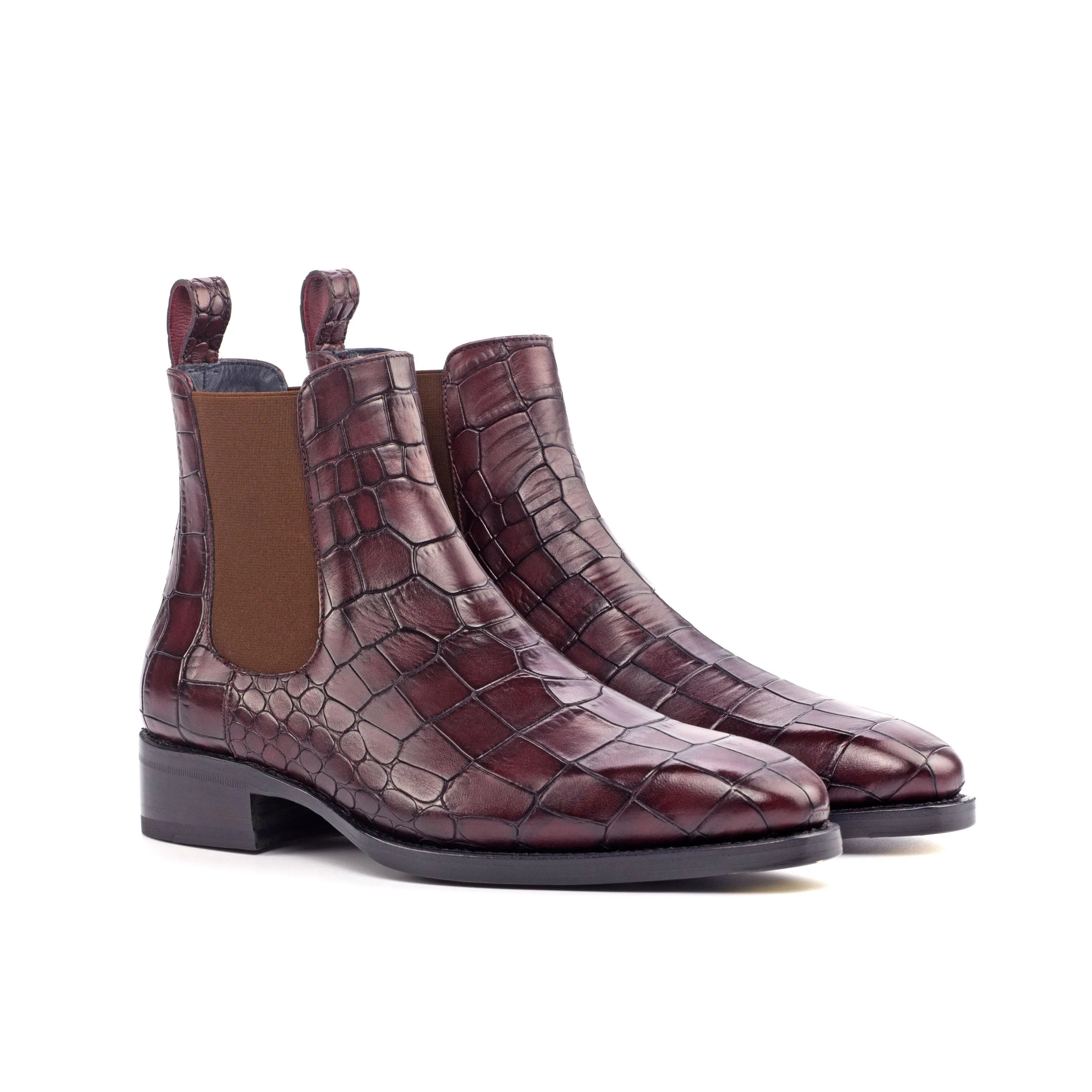 Burgundy crocodile-patterned Fabino Chelsea Boots for stylish footwear elegance