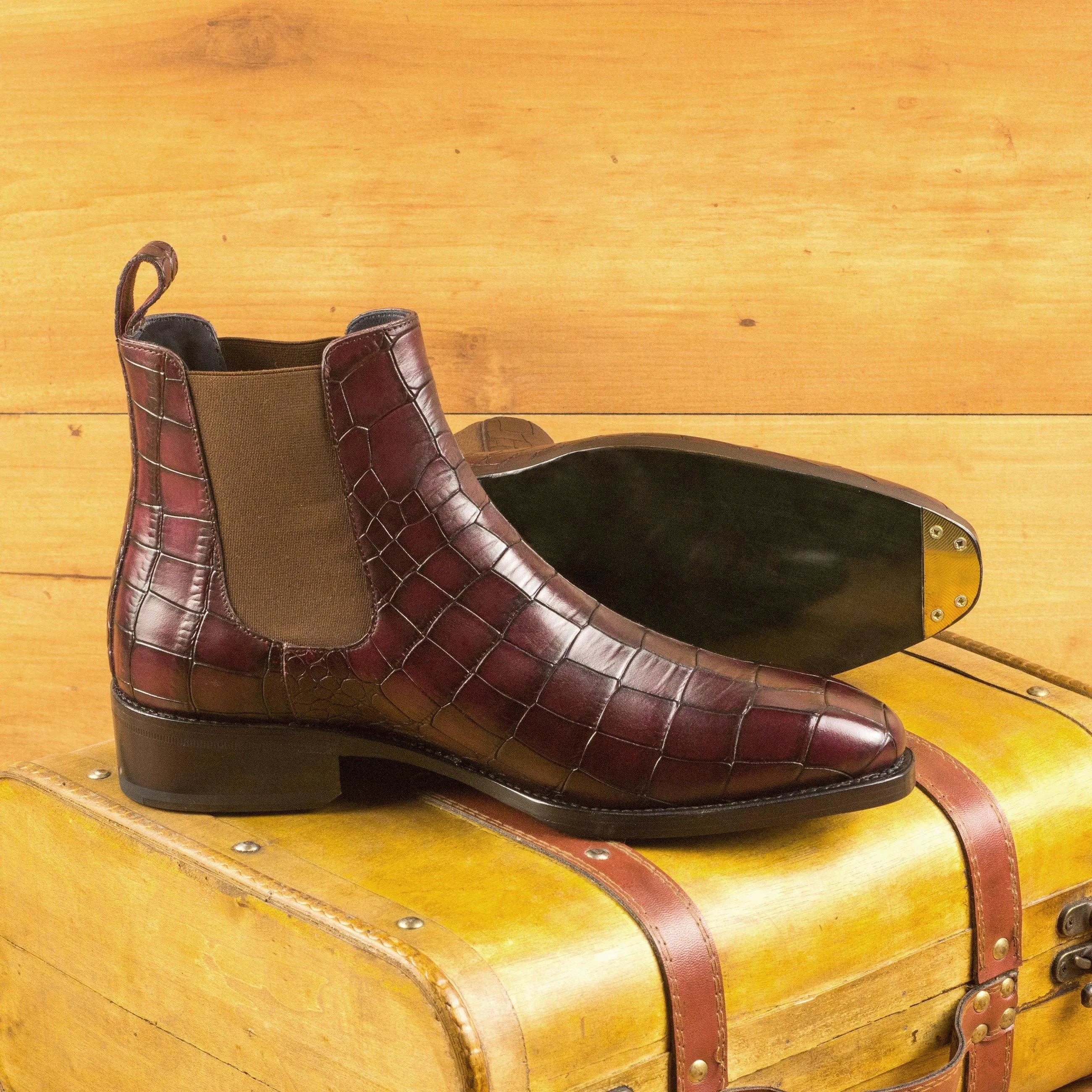 Burgundy crocodile-patterned Fabino Chelsea Boots for stylish footwear elegance